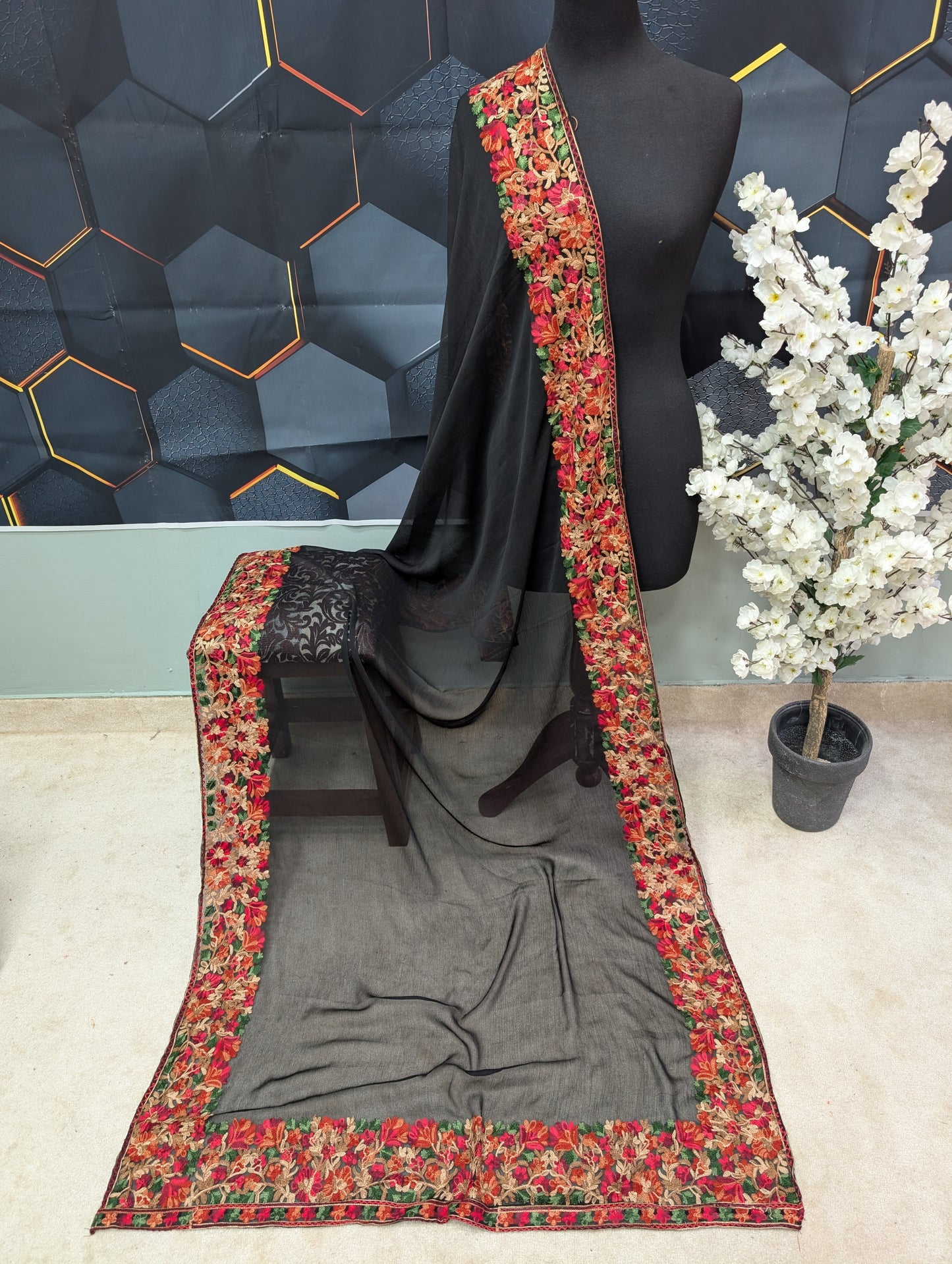 Crinkle Chiffon Kashmiri Border Embroidered Dupatta | Black