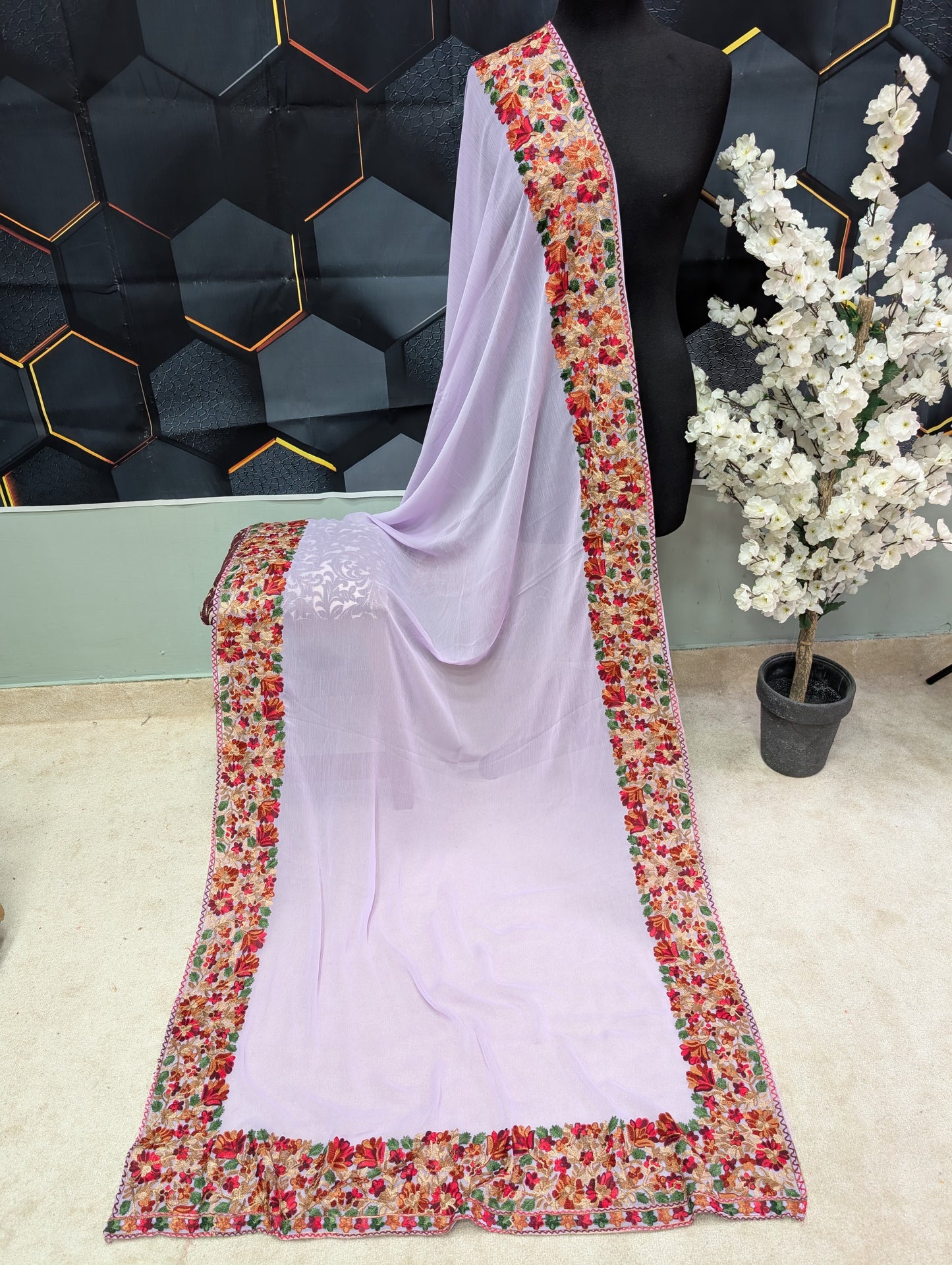 Crinkle Chiffon Kashmiri Border Embroidered Dupatta | Light Purple