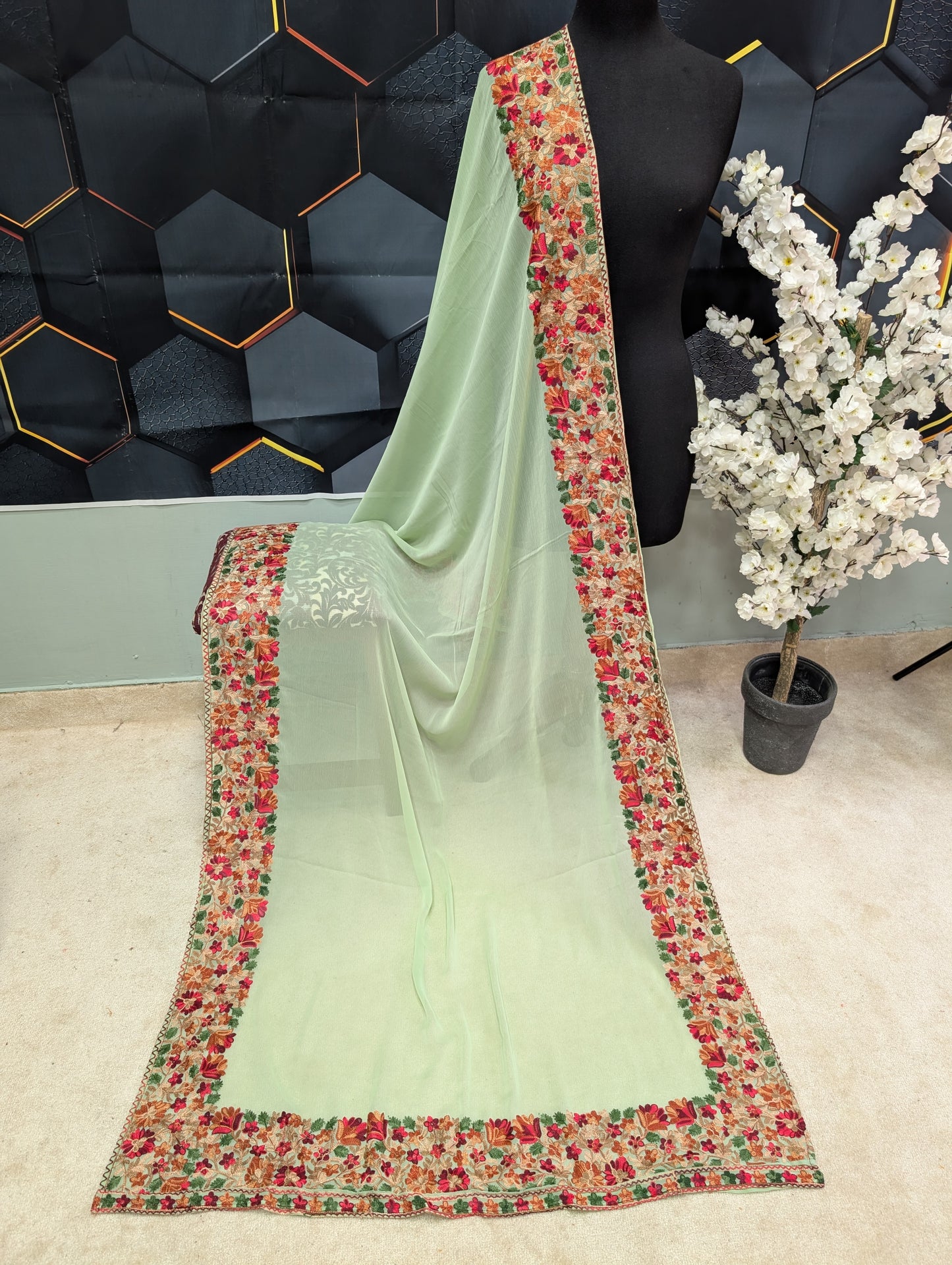 Crinkle Chiffon Kashmiri Border Embroidered Dupatta | Light Pista