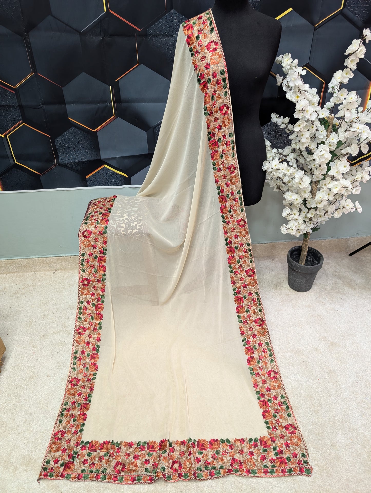 Crinkle Chiffon Kashmiri Border Embroidered Dupatta | Light Skin