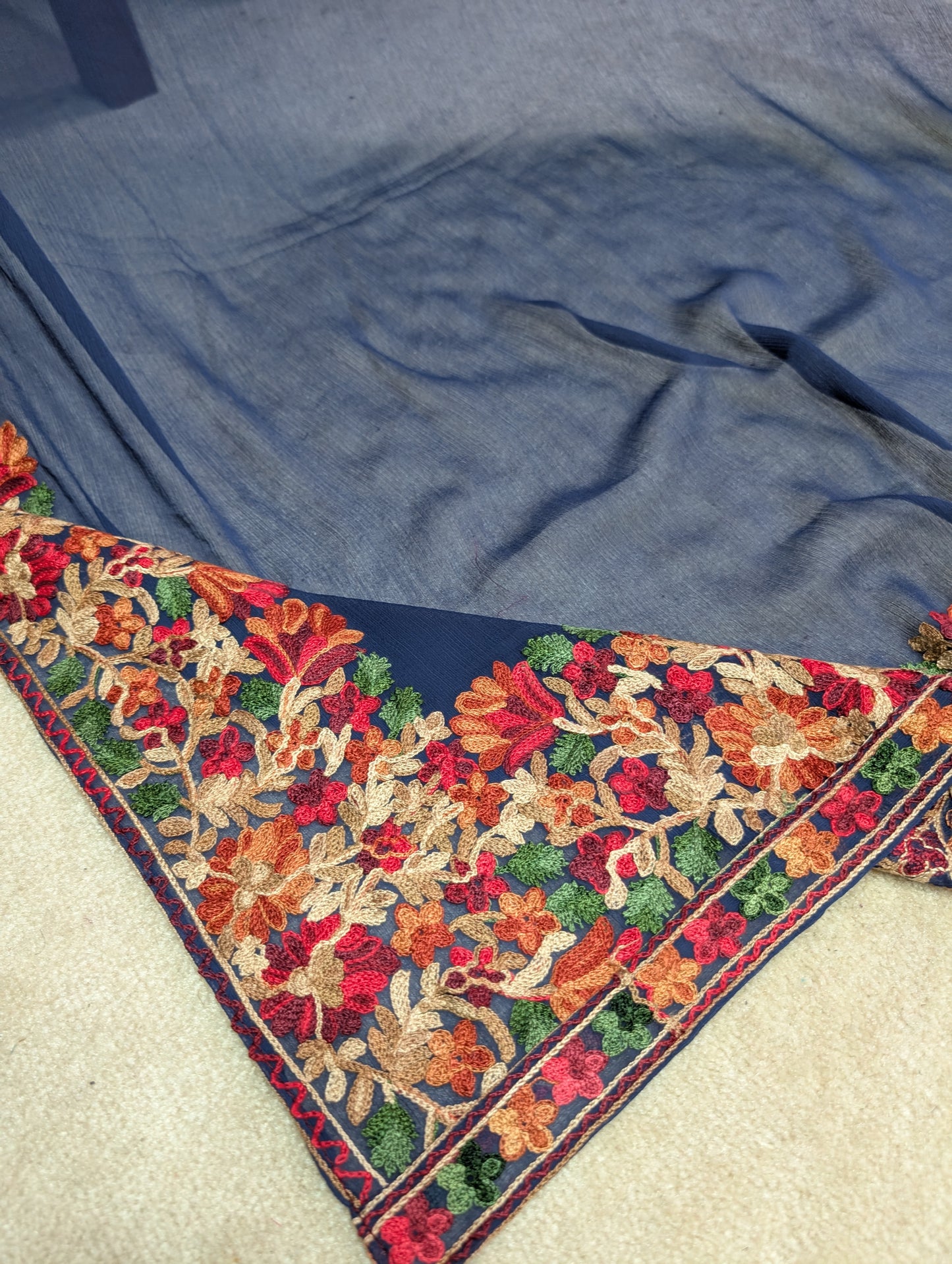Crinkle Chiffon Kashmiri Border Embroidered Dupatta | Navy Blue