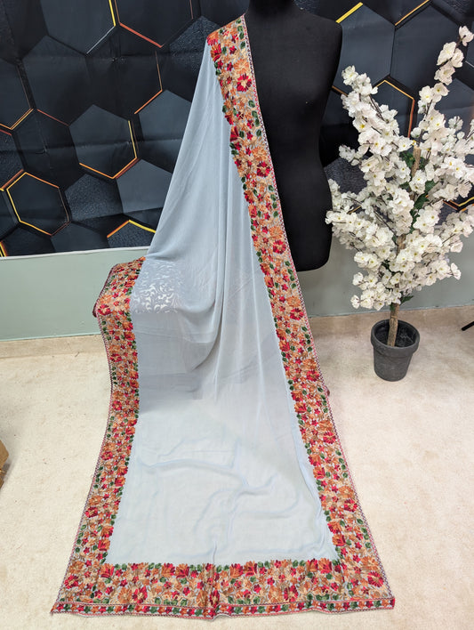 Crinkle Chiffon Kashmiri Border Embroidered Dupatta | Light Grey