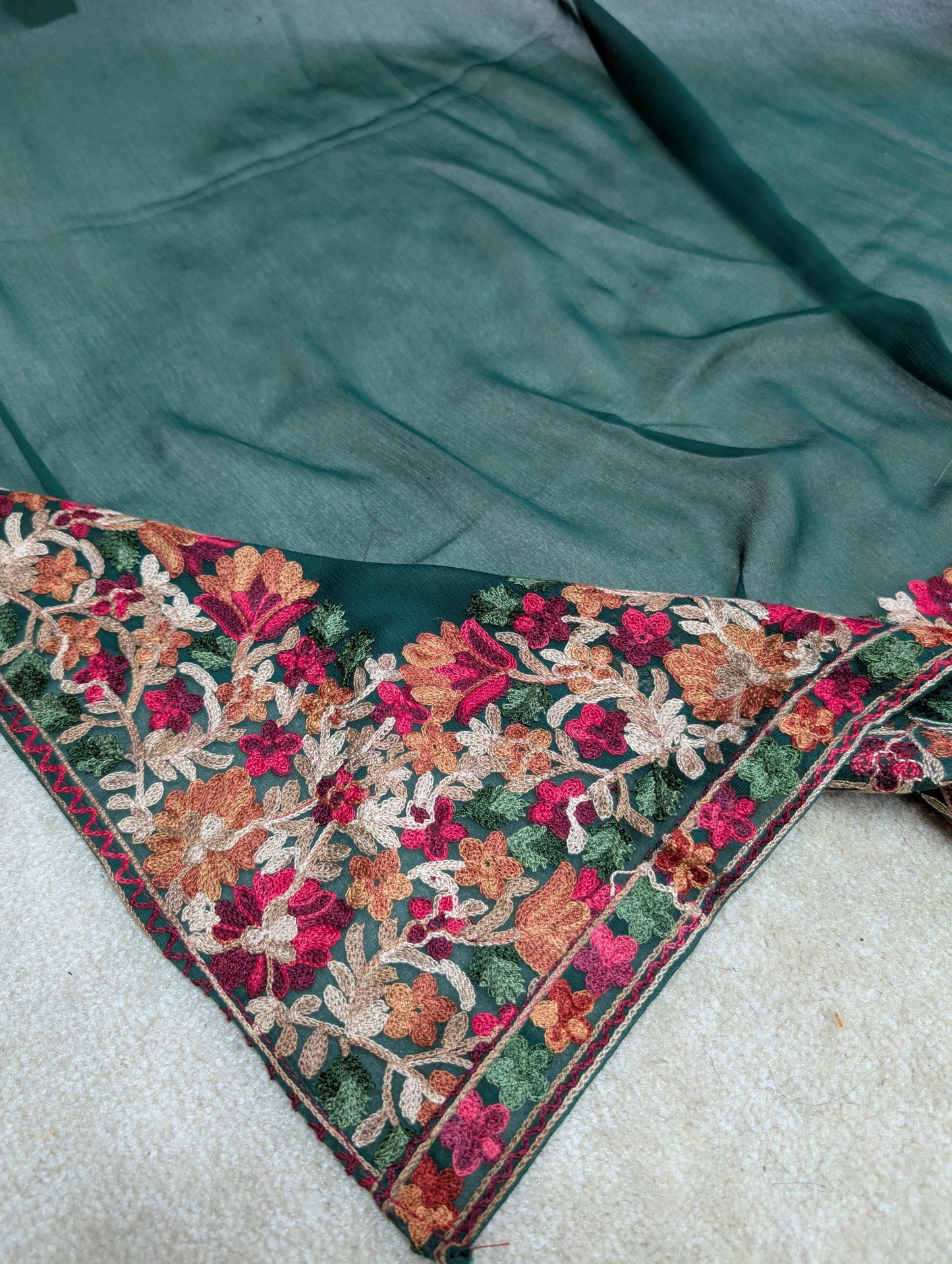 Crinkle Chiffon Kashmiri Border Embroidered Dupatta | Dark Green