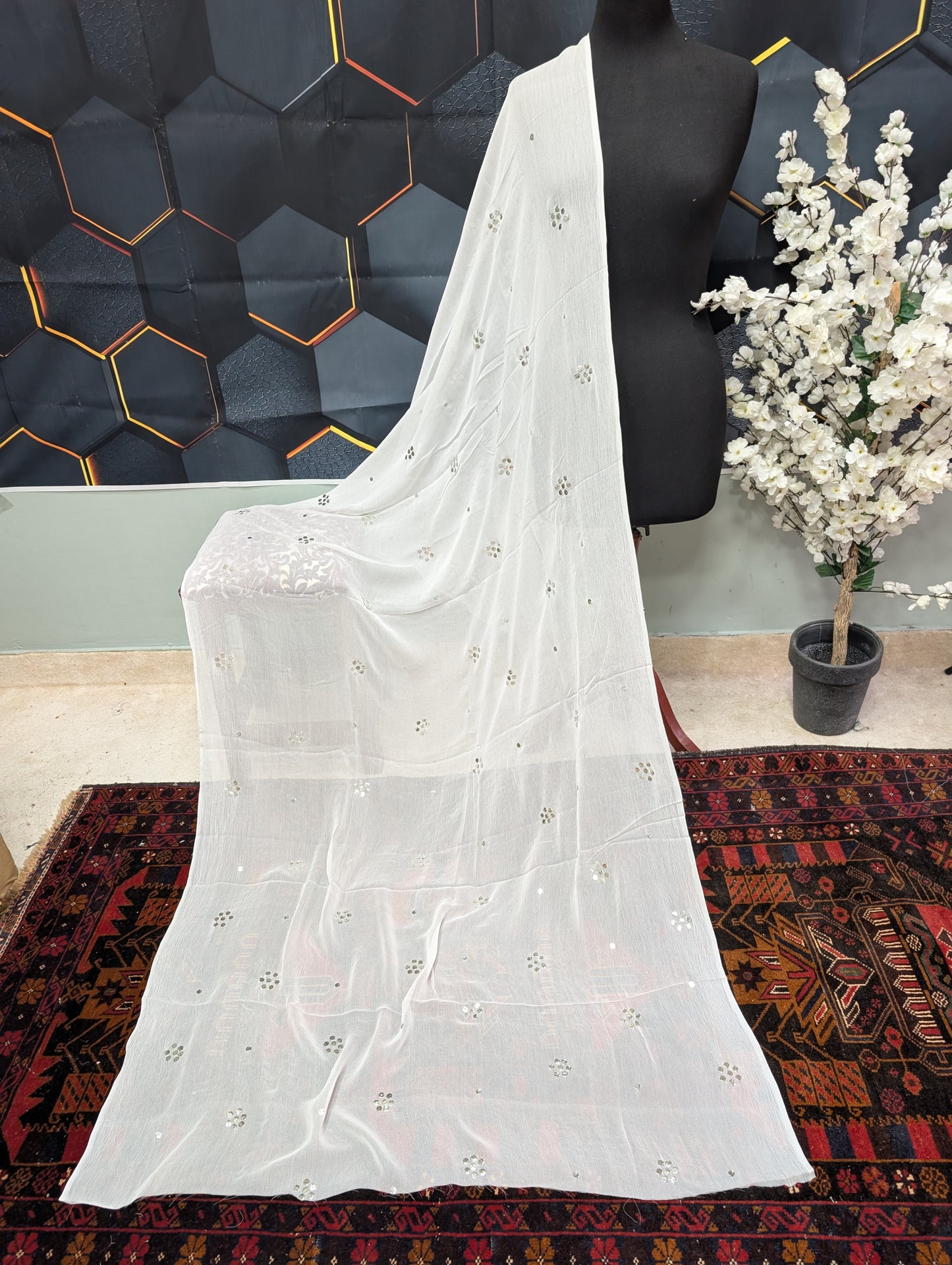 White Crinkle Chiffon Bindi Dupatta | Silver Bindi Mukesh Work Dyeable