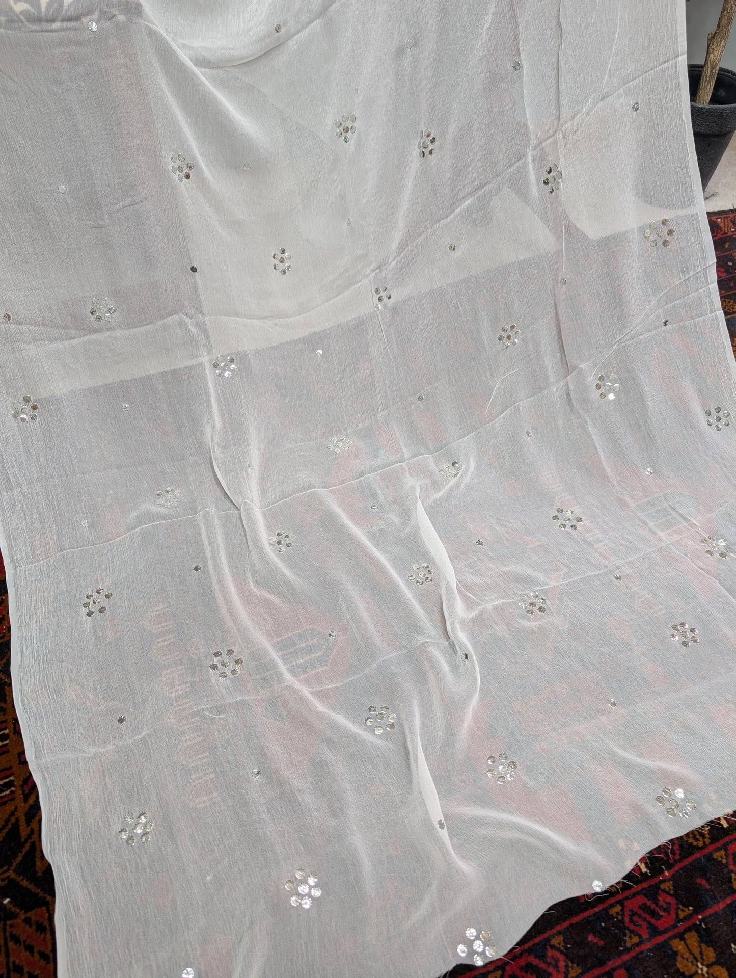 White Crinkle Chiffon Bindi Dupatta | Silver Bindi Mukesh Work Dyeable