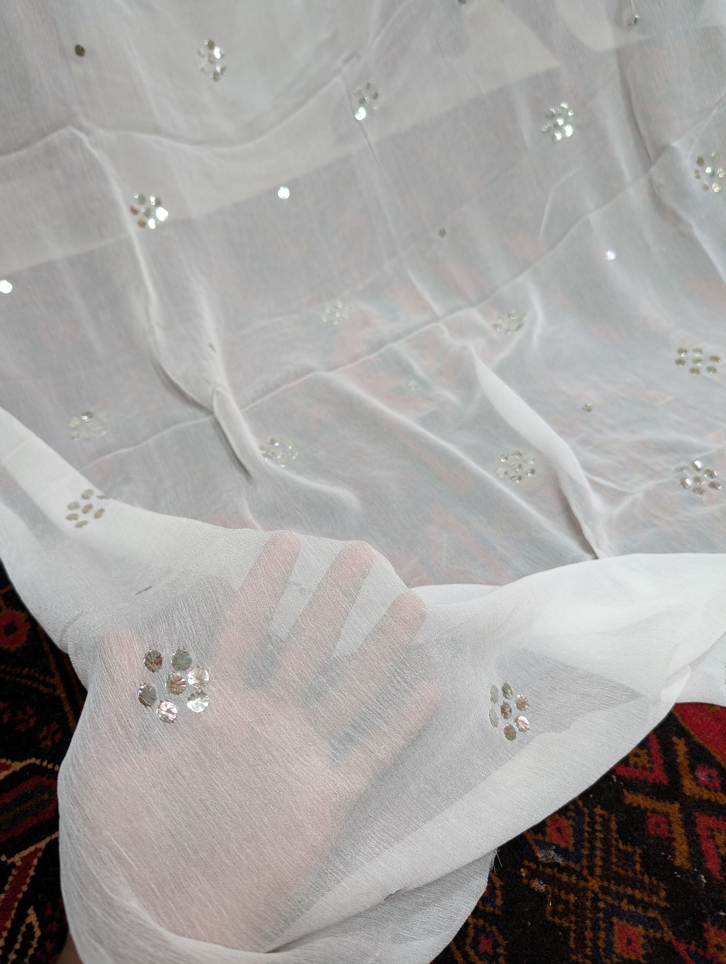 White Crinkle Chiffon Bindi Dupatta | Silver Bindi Mukesh Work Dyeable