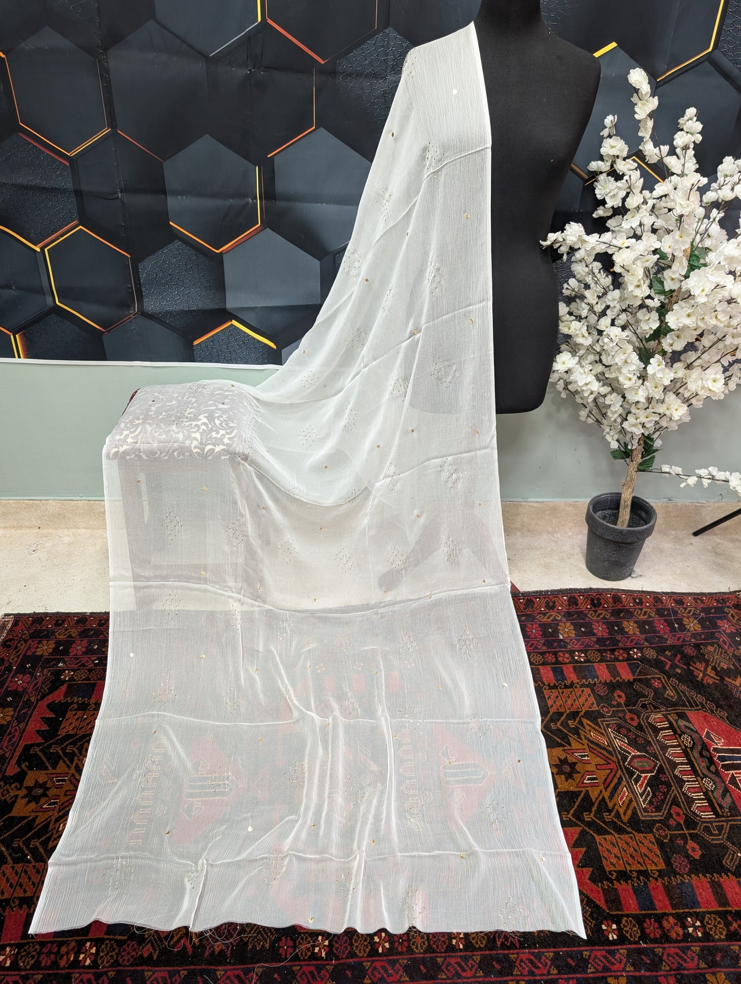 White Crinkle Chiffon Bindi Dupatta | Golden Bindi Mukesh Work Dyeable