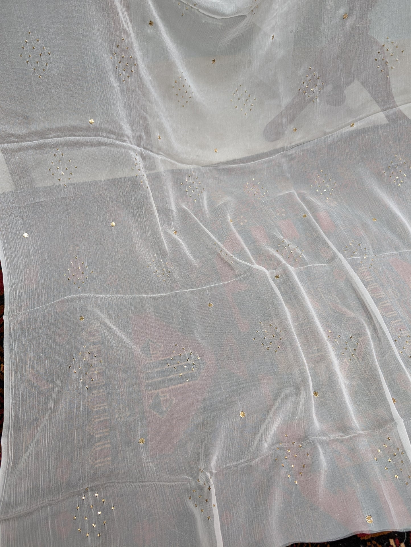 White Crinkle Chiffon Bindi Dupatta | Golden Bindi Mukesh Work Dyeable