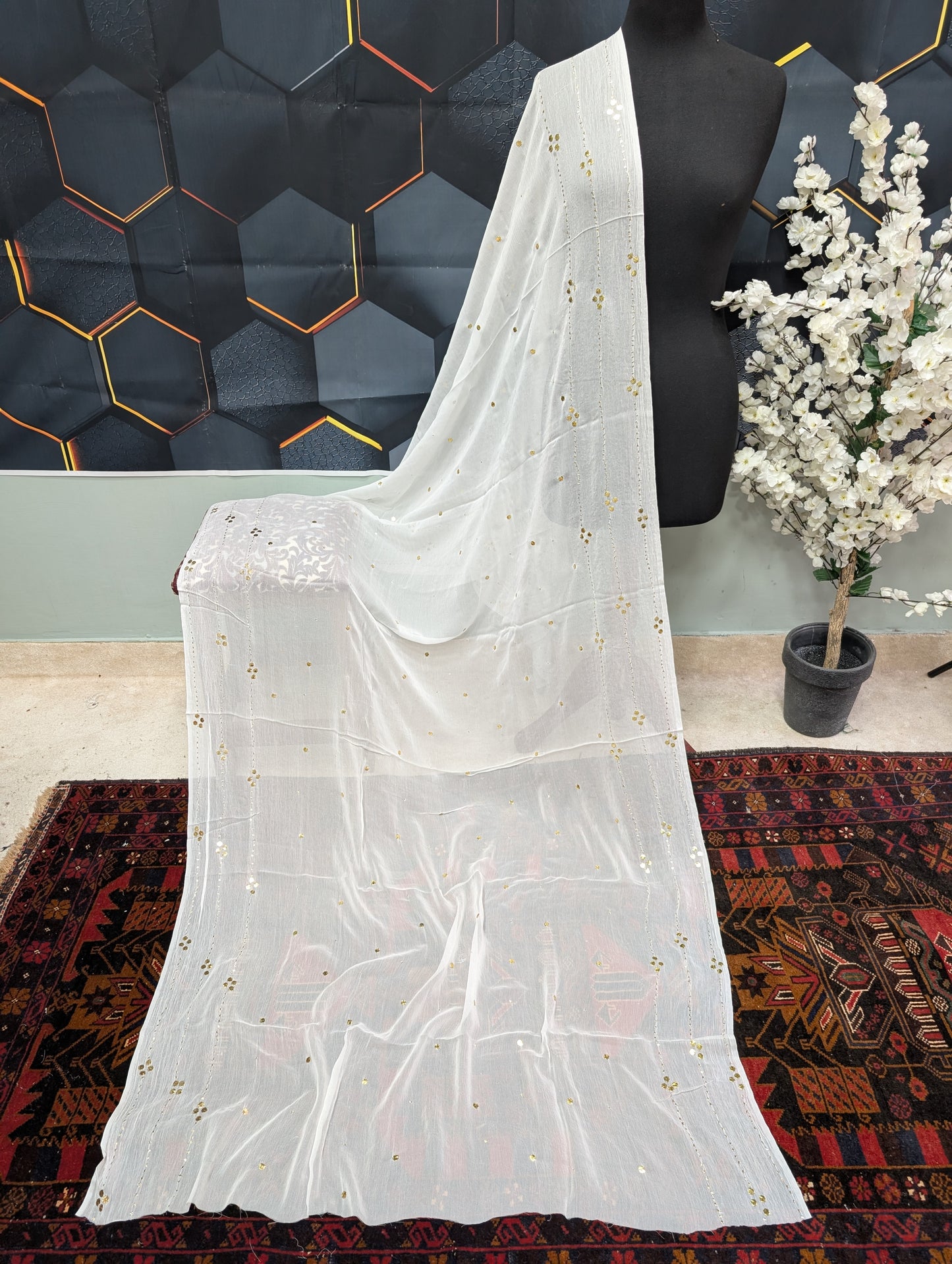 White Crinkle Chiffon Bindi Dupatta | Golden Big Mukesh Work Dyeable