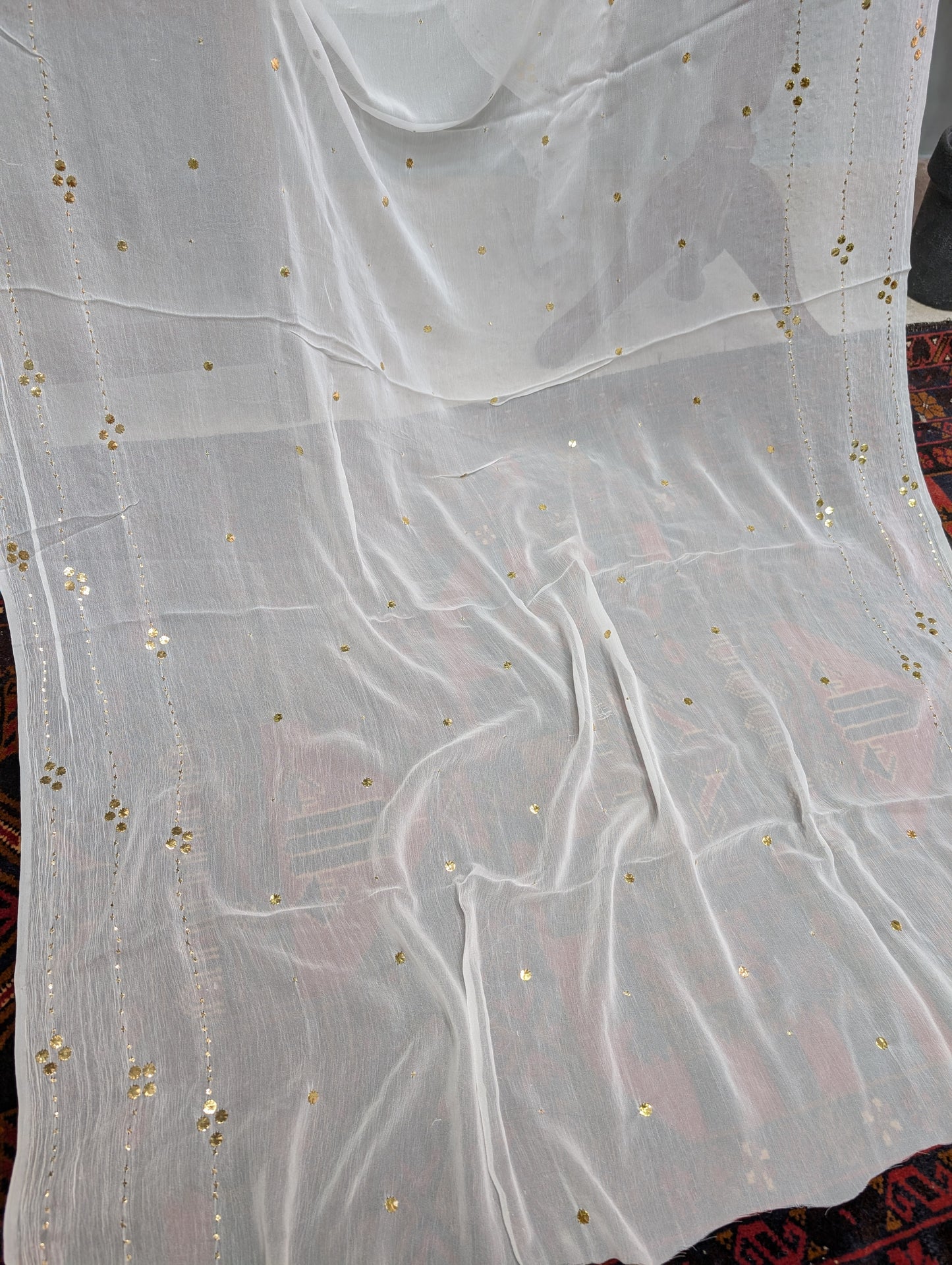 White Crinkle Chiffon Bindi Dupatta | Golden Big Mukesh Work Dyeable