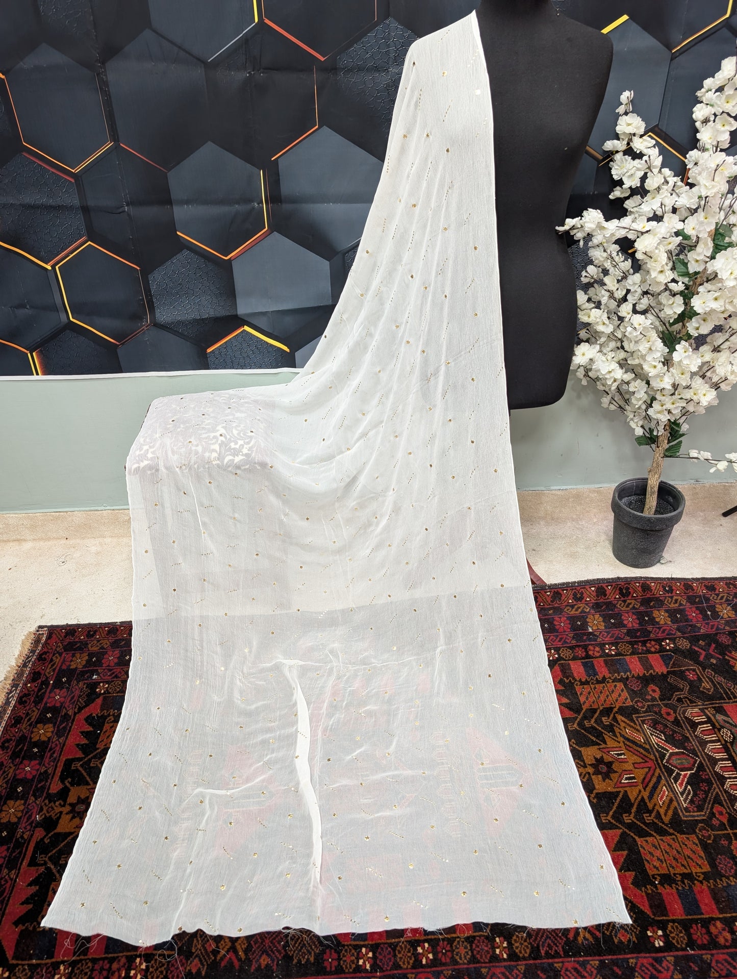 White Crinkle Chiffon Bindi Dupatta | Golden Bindi Mukesh Work Dyeable
