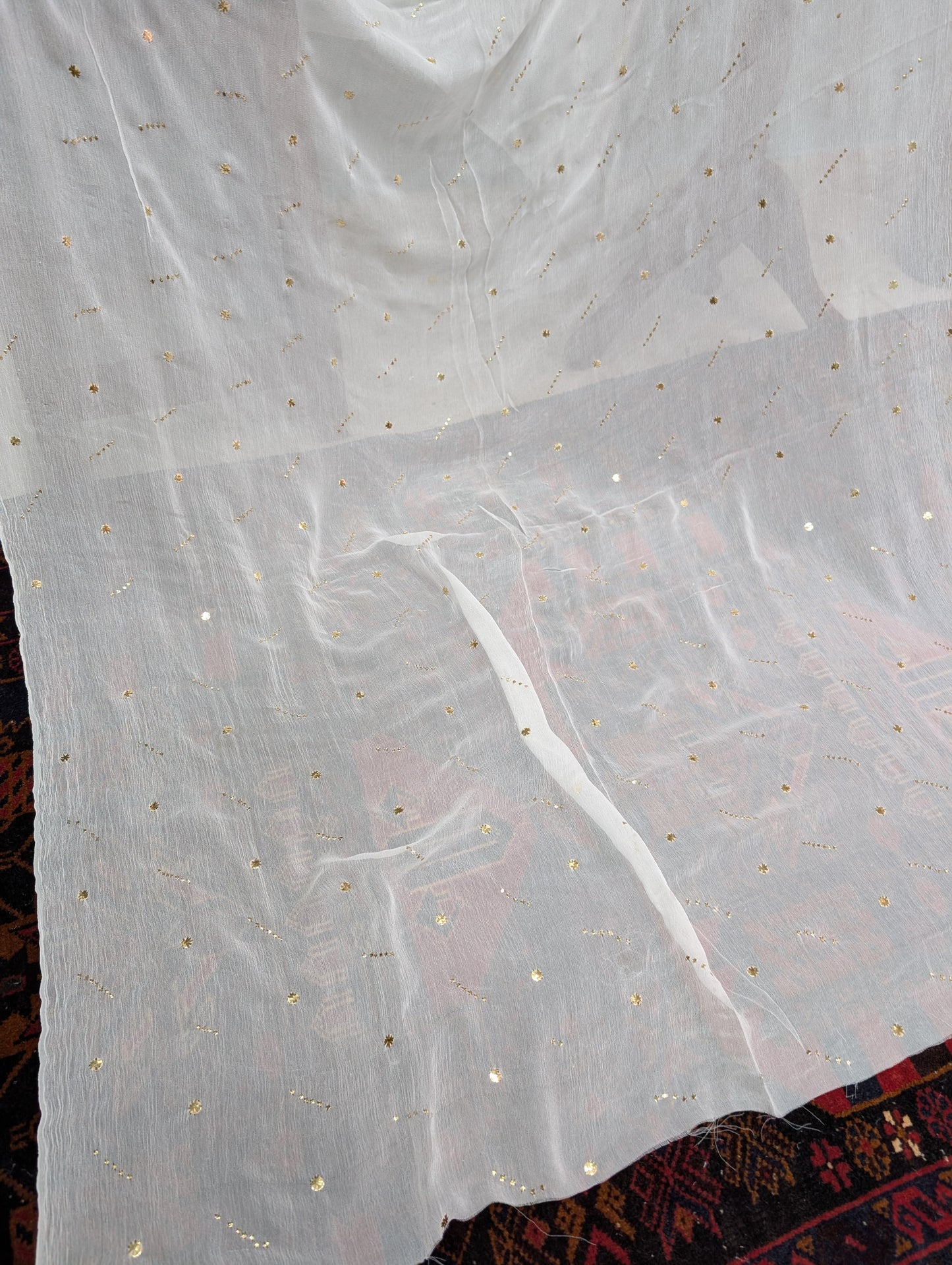 White Crinkle Chiffon Bindi Dupatta | Golden Bindi Mukesh Work Dyeable