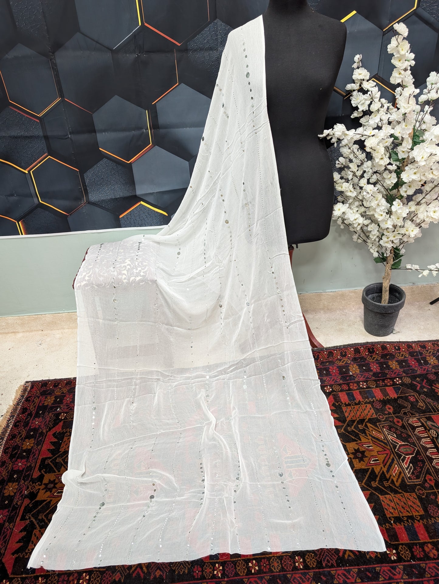 White Mukesh Chiffon Dupatta | Silver Big Mukesh Work Dyeable
