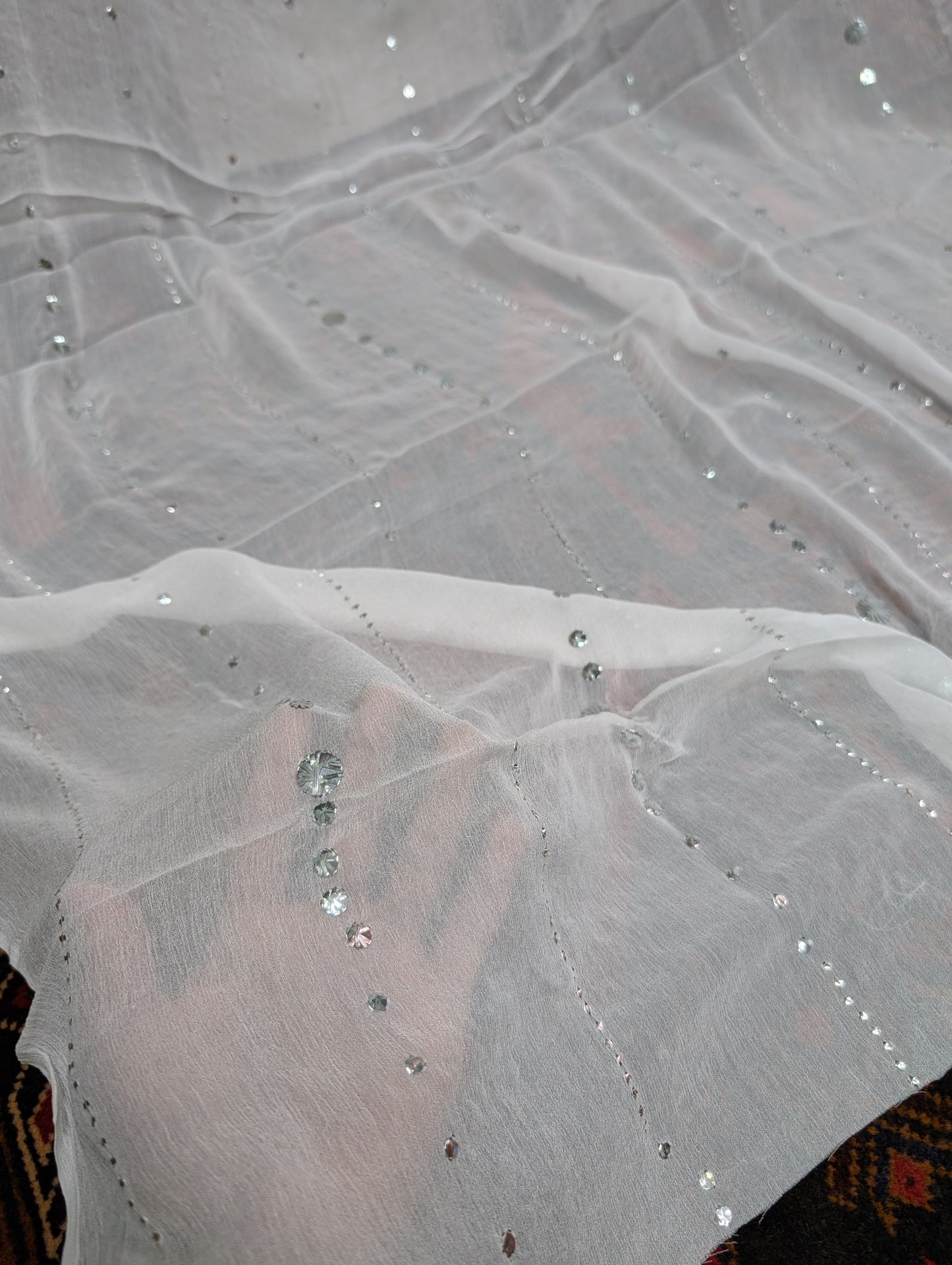 White Mukesh Chiffon Dupatta | Silver Big Mukesh Work Dyeable