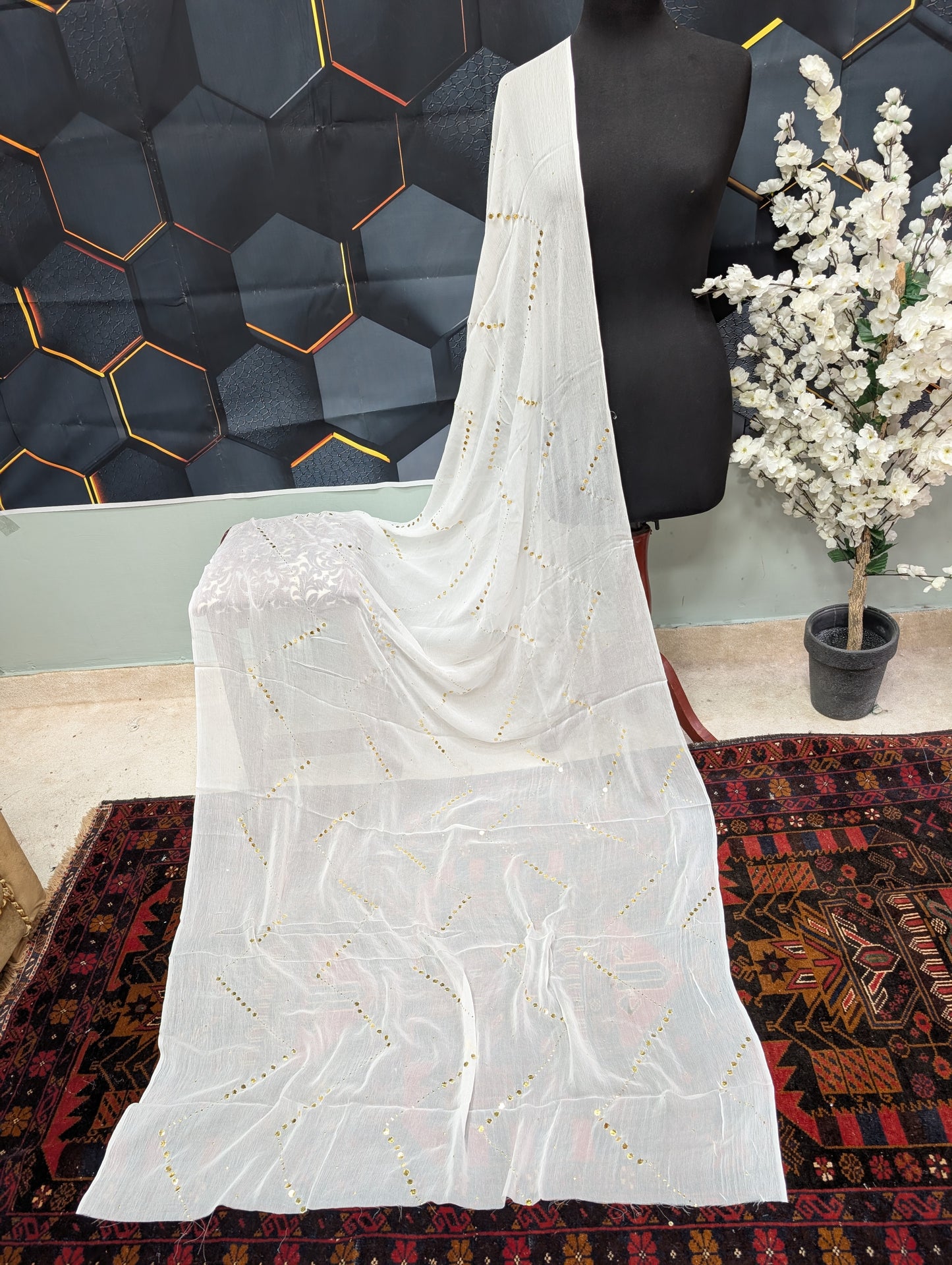 White Mukesh Chiffon Dupatta | Golden Mukesh Jaal Work Dyeable