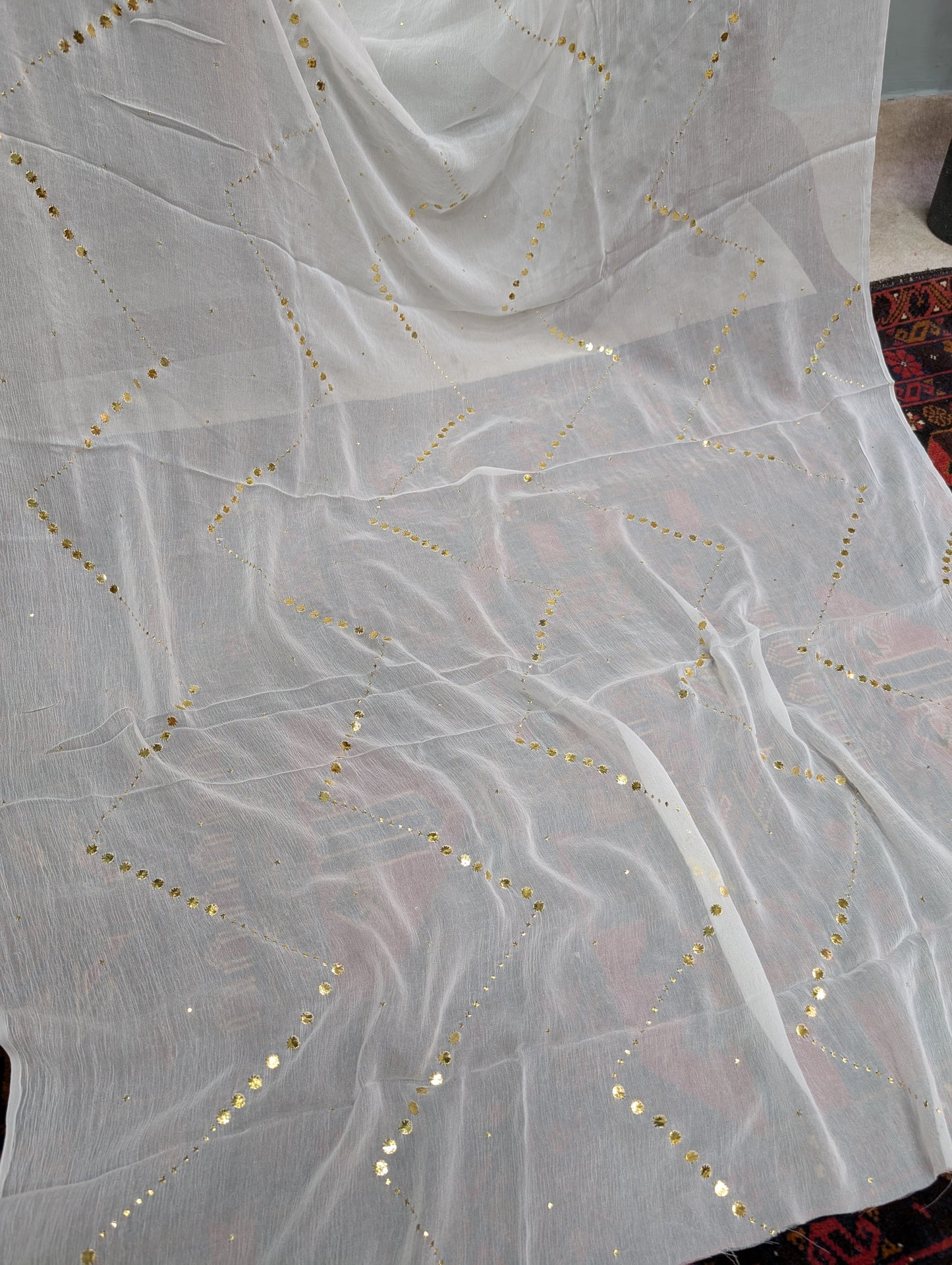 White Mukesh Chiffon Dupatta | Golden Mukesh Jaal Work Dyeable