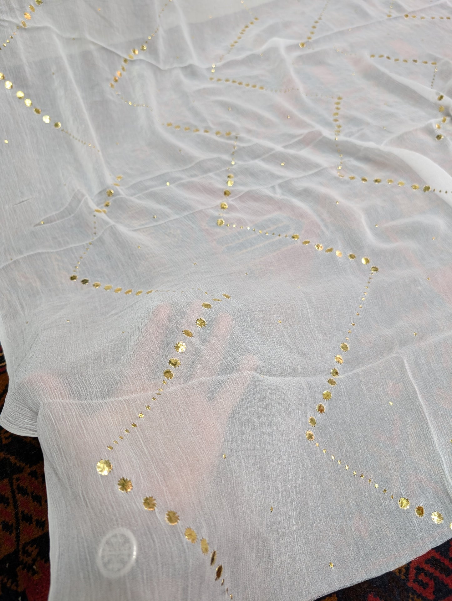 White Mukesh Chiffon Dupatta | Golden Mukesh Jaal Work Dyeable