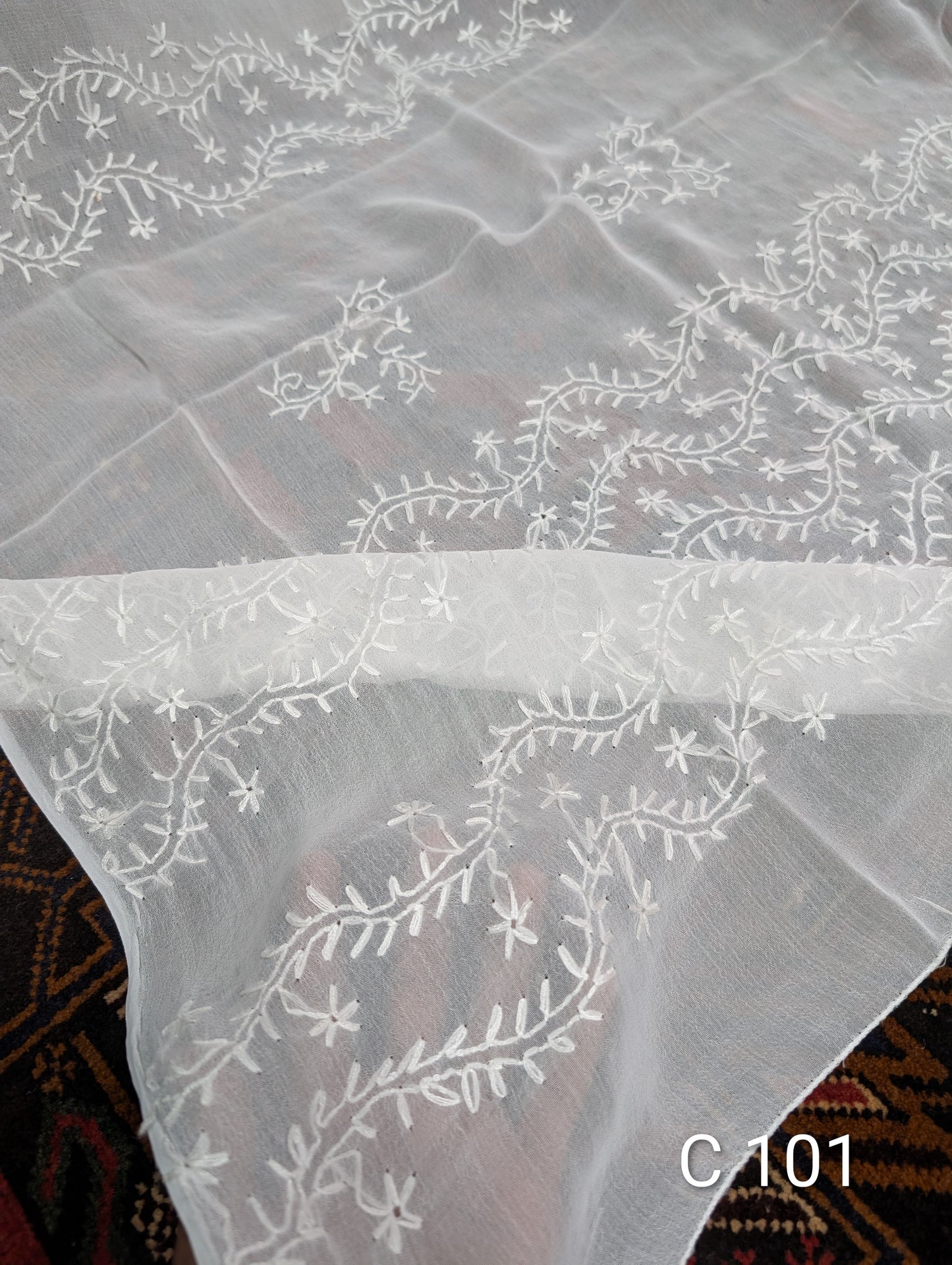 Handmade Chiffon Hand Embroidered Dupatta White | C101