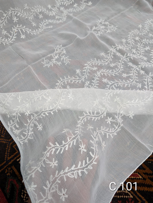 Handmade Chiffon Hand Embroidered Dupatta White | C101