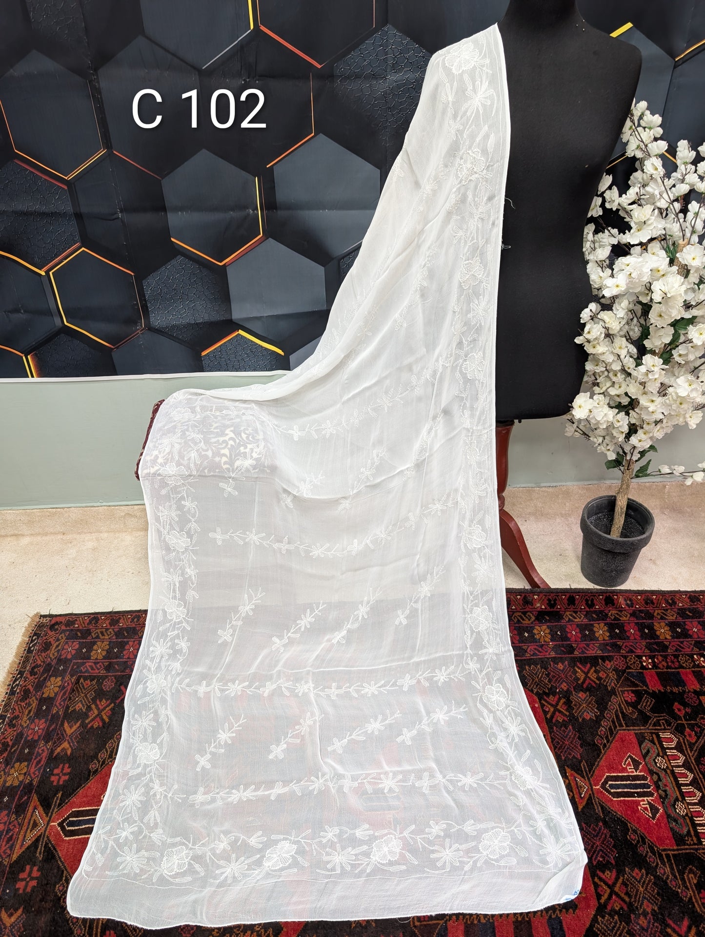 Handmade Chiffon Hand Embroidered Dupatta White | C102