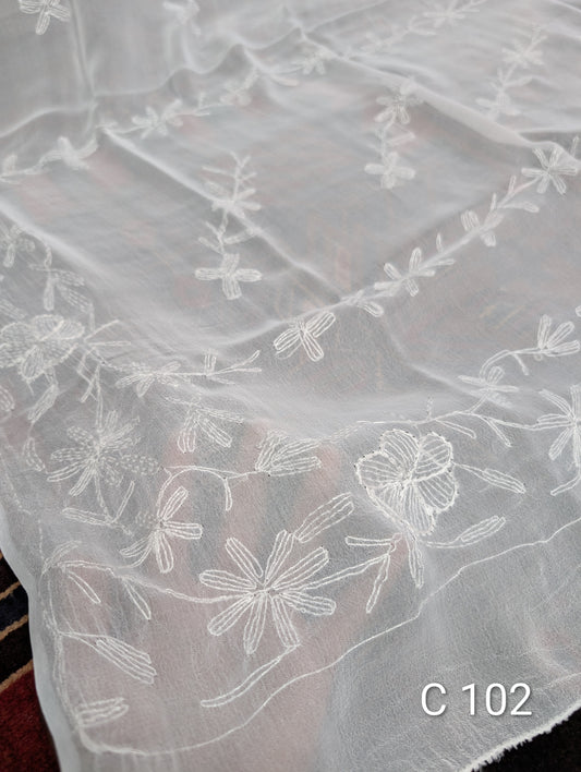Handmade Chiffon Hand Embroidered Dupatta White | C102