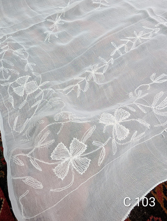 Handmade Chiffon Hand Embroidered Dupatta White | C103