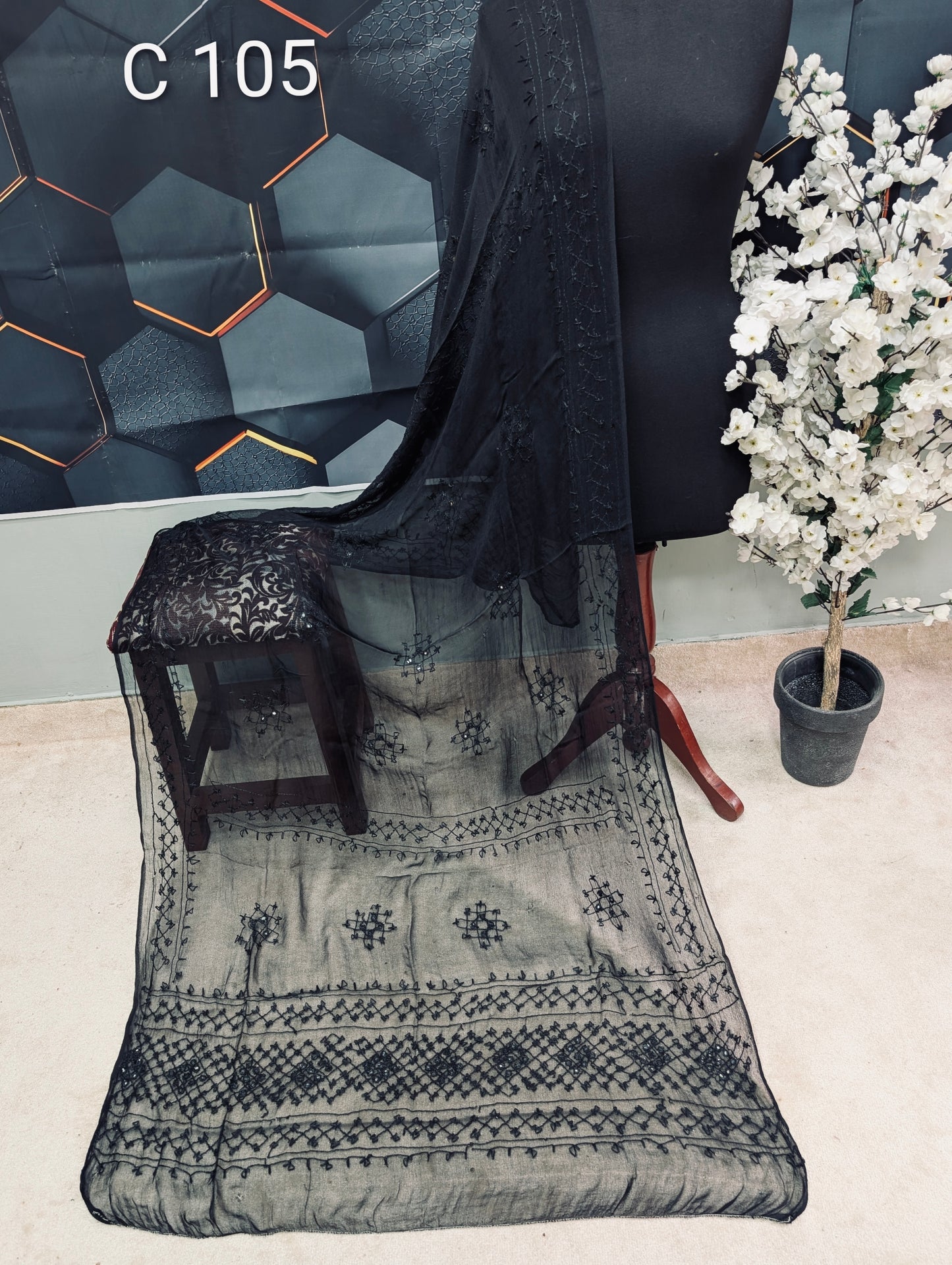 Handmade Chiffon Hand Embroidered Dupatta Black | C105