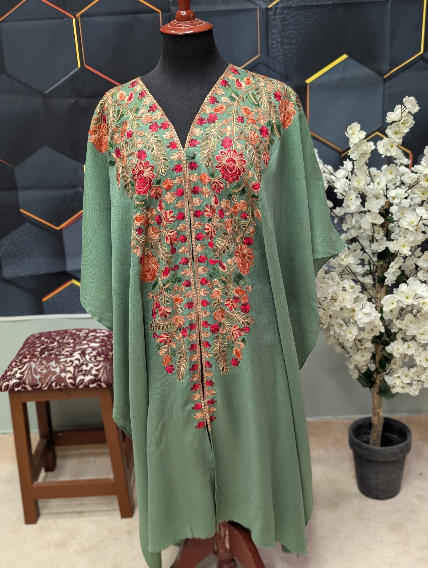 Cape Shawl | Pashmina Embroidered Cape Shawls Perfect for Gift | Pista Green