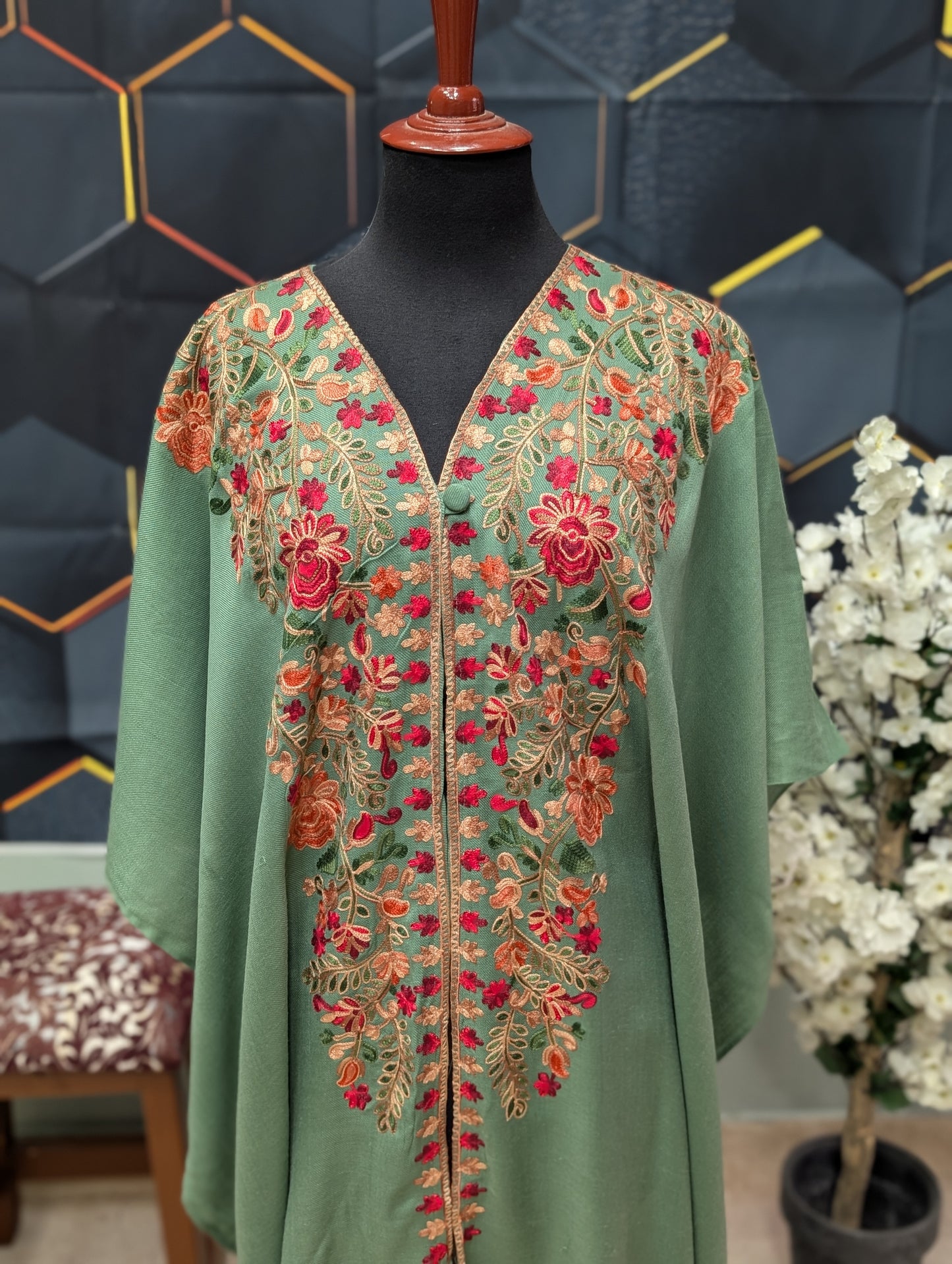 Cape Shawl | Pashmina Embroidered Cape Shawls Perfect for Gift | Pista Green
