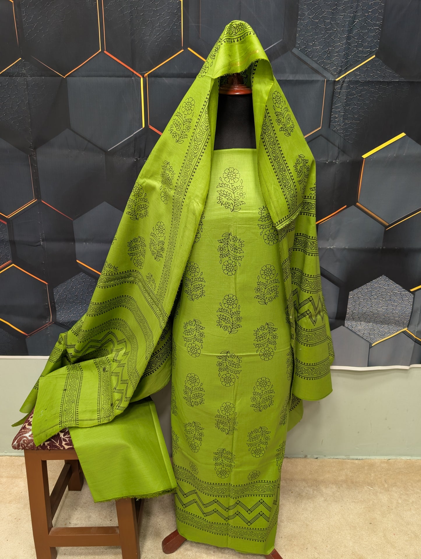 Hand Block Print Lawn 3 Piece Suit Ajrak Style Pure Lawn | Apple Green