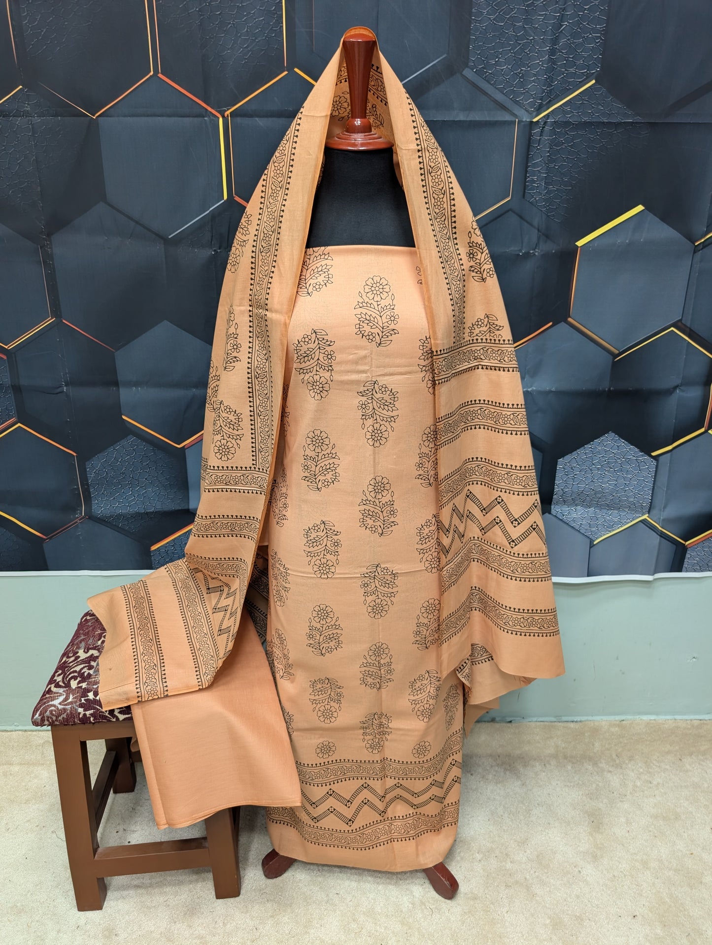 Hand Block Print Lawn 3 Piece Suit Ajrak Style Pure Lawn | Peach