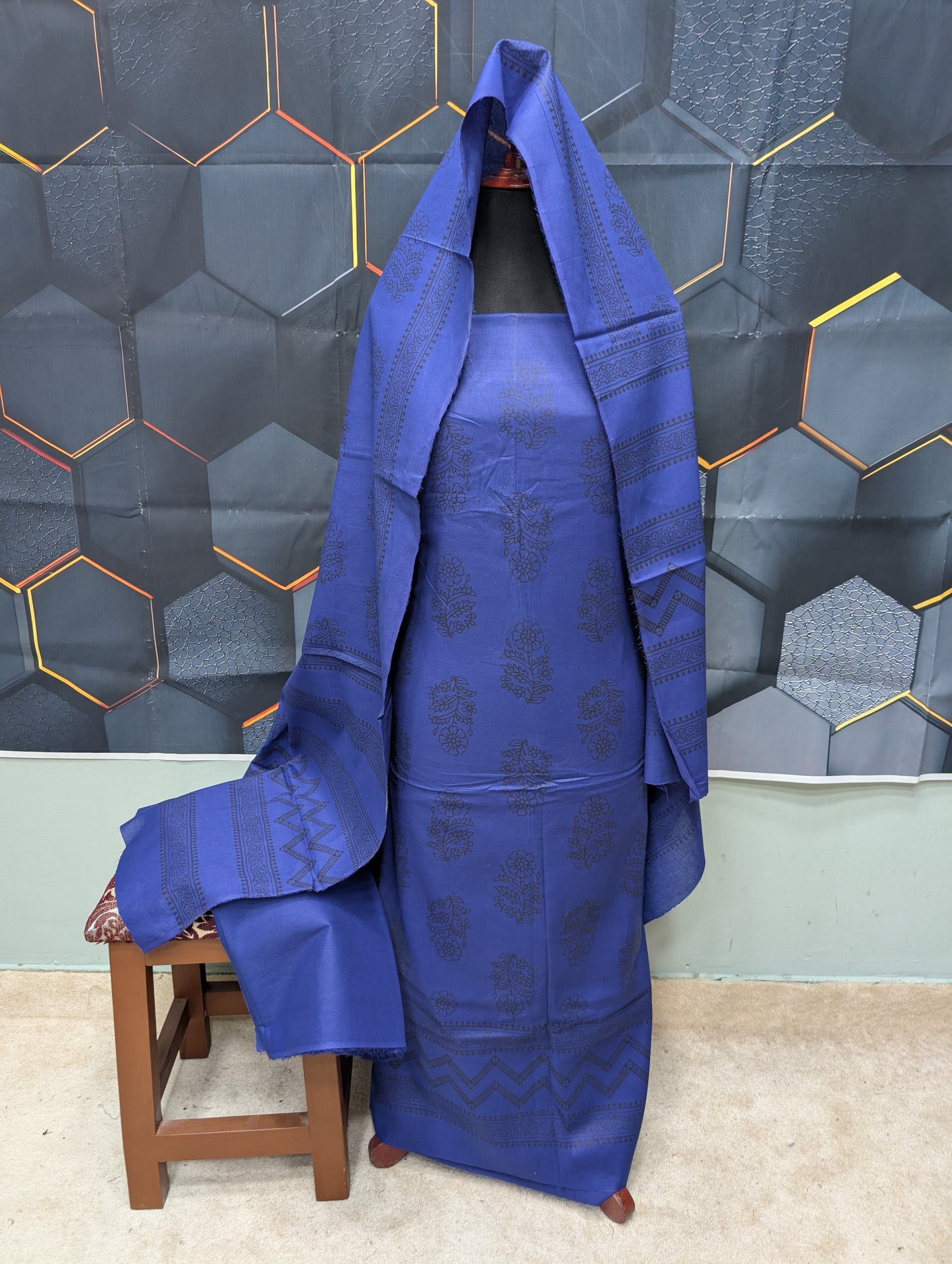 Hand Block Print Lawn 3 Piece Suit Ajrak Style Pure Lawn | Royal Blue
