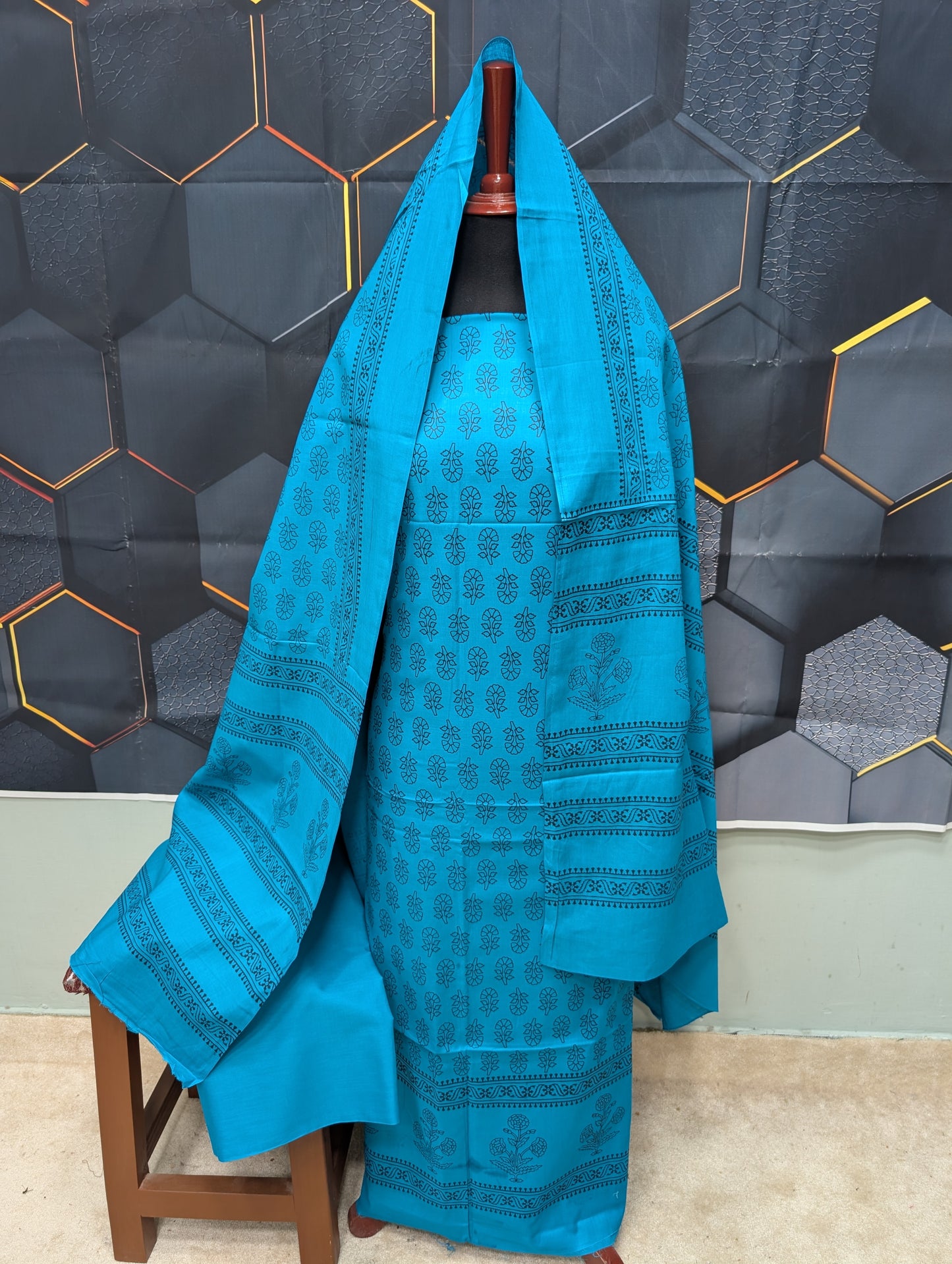 Hand Block Print Lawn 3 Piece Suit Ajrak Style Pure Lawn | Ferozi