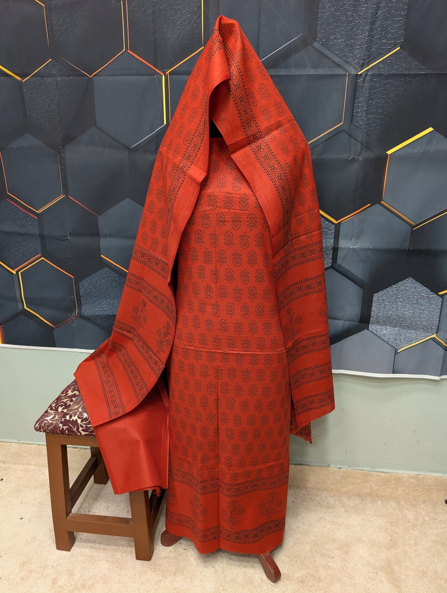 Hand Block Print Lawn 3 Piece Suit Ajrak Style Pure Lawn | Dark Rust