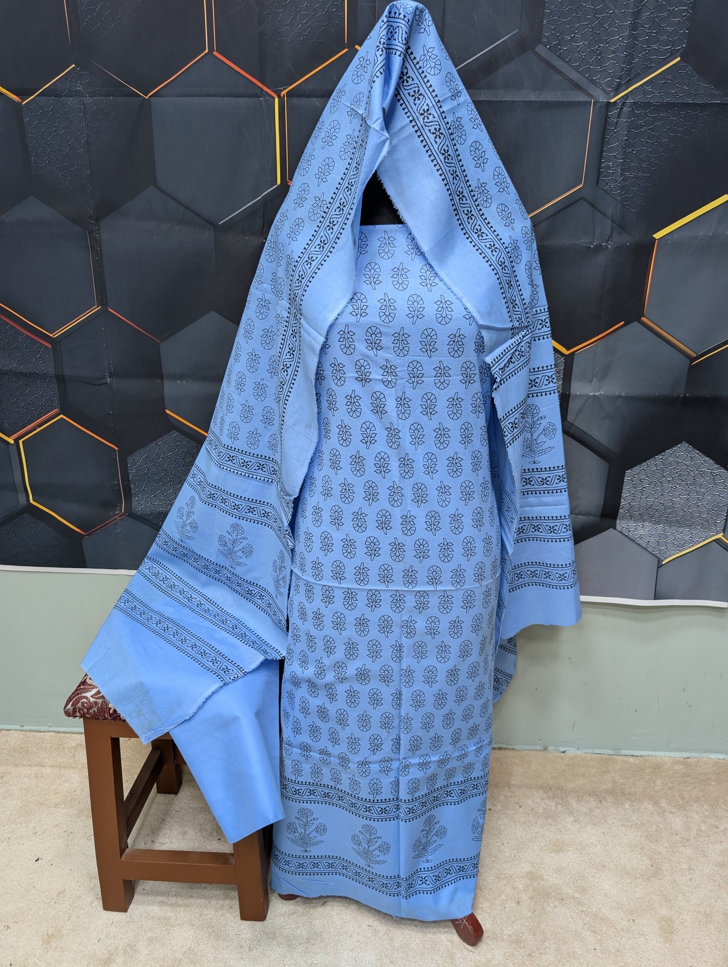 Hand Block Print Lawn 3 Piece Suit Ajrak Style Pure Lawn | Sky Blue