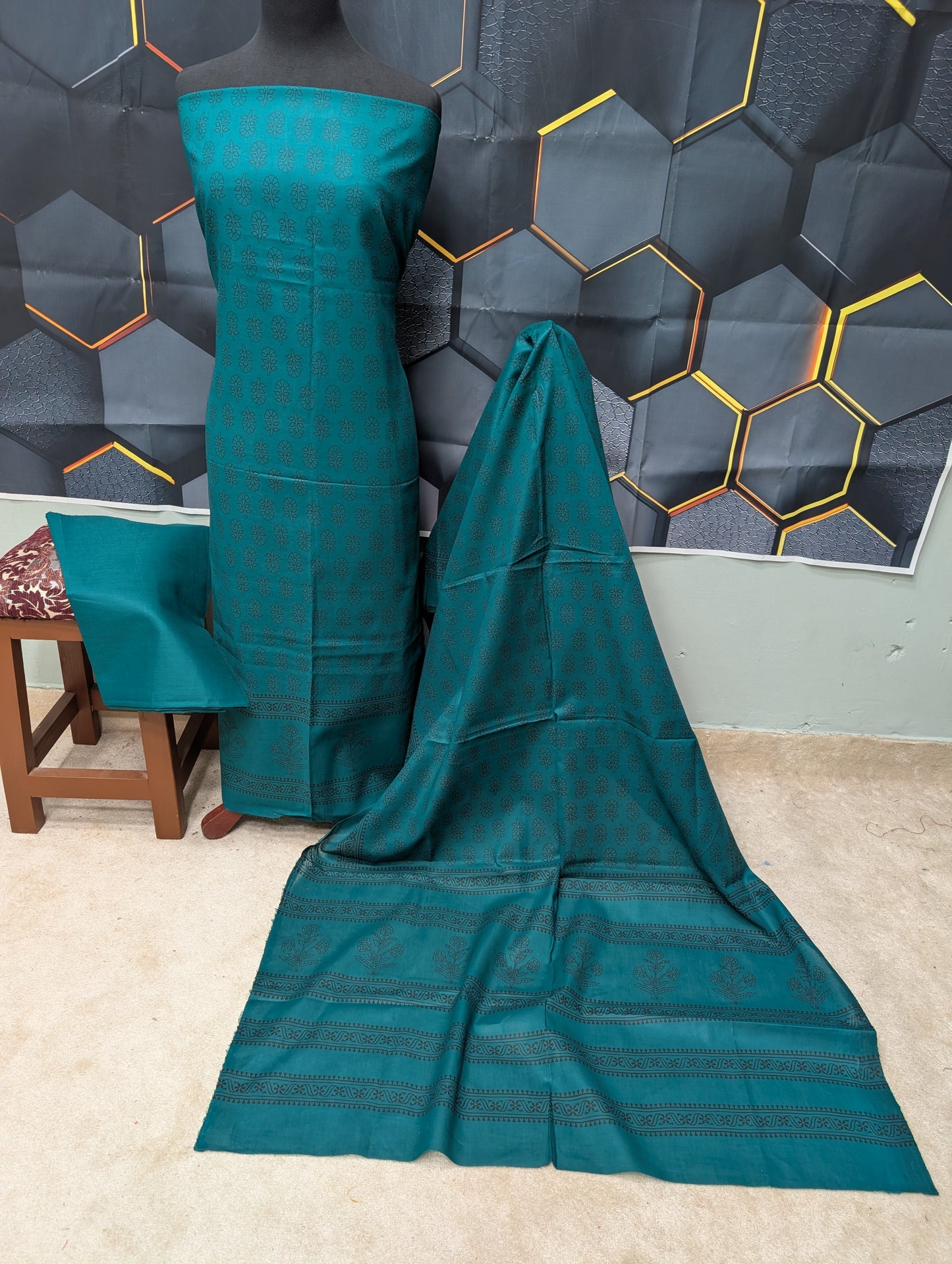 Hand Block Print Lawn 3 Piece Suit Ajrak Style Pure Lawn | Dark Sea Green