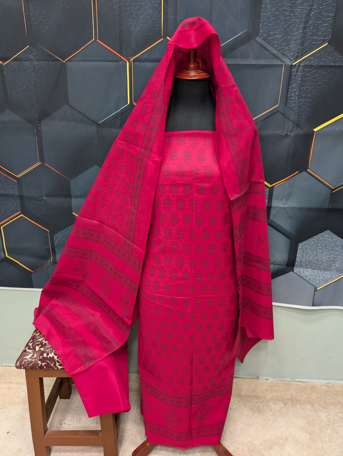 Hand Block Print Lawn 3 Piece Suit Ajrak Style Pure Lawn | Hot Pink