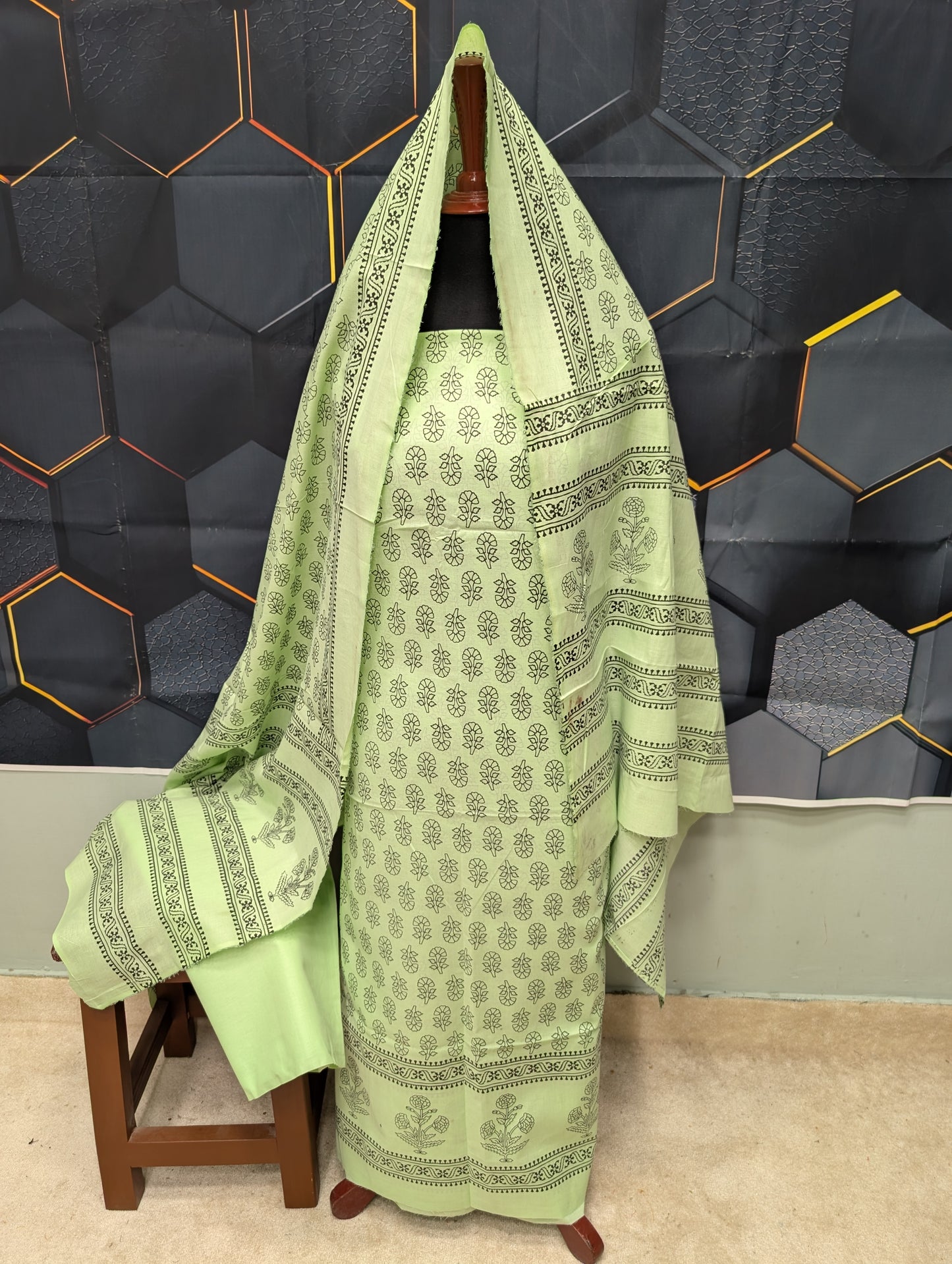 Hand Block Print Lawn 3 Piece Suit Ajrak Style Pure Lawn | Pista Green