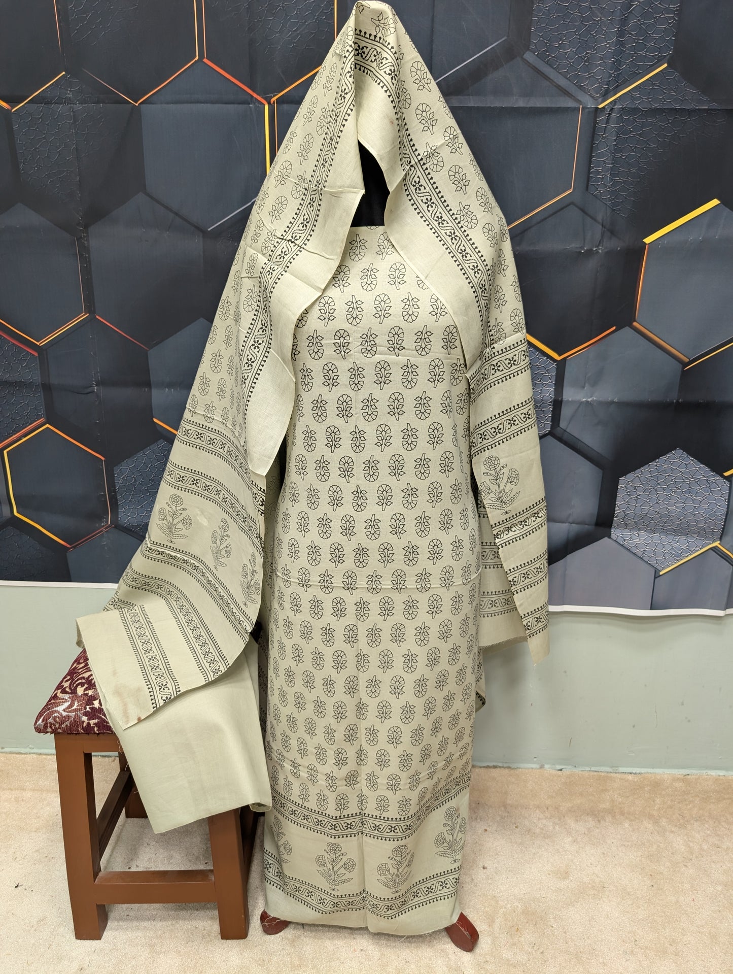 Hand Block Print Lawn 3 Piece Suit Ajrak Style Pure Lawn | Skin Grey