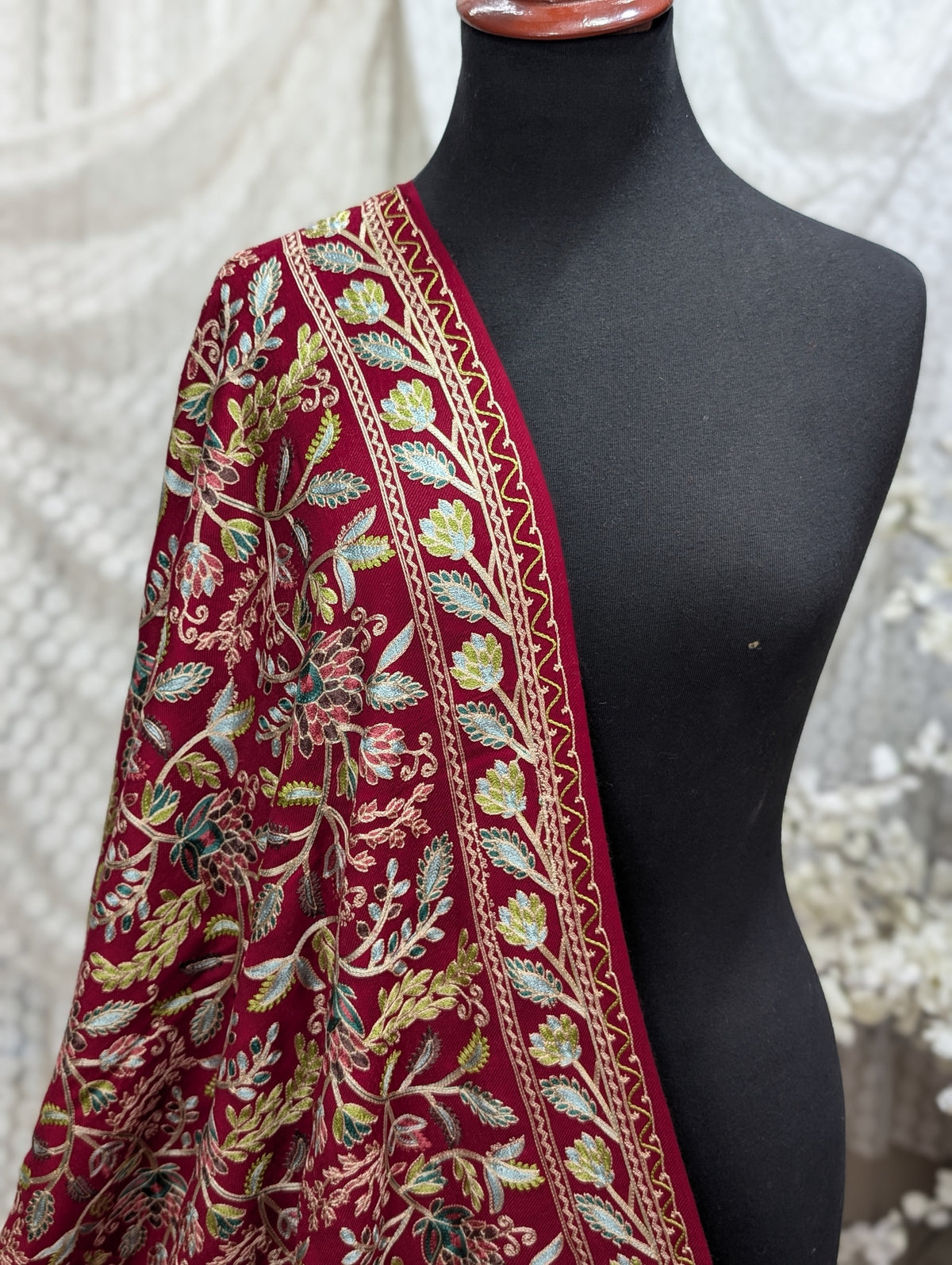 Kashmiri Jaal Shawl | Full Embroidered Shawl Resham Work Aar Embroidery | Maroon