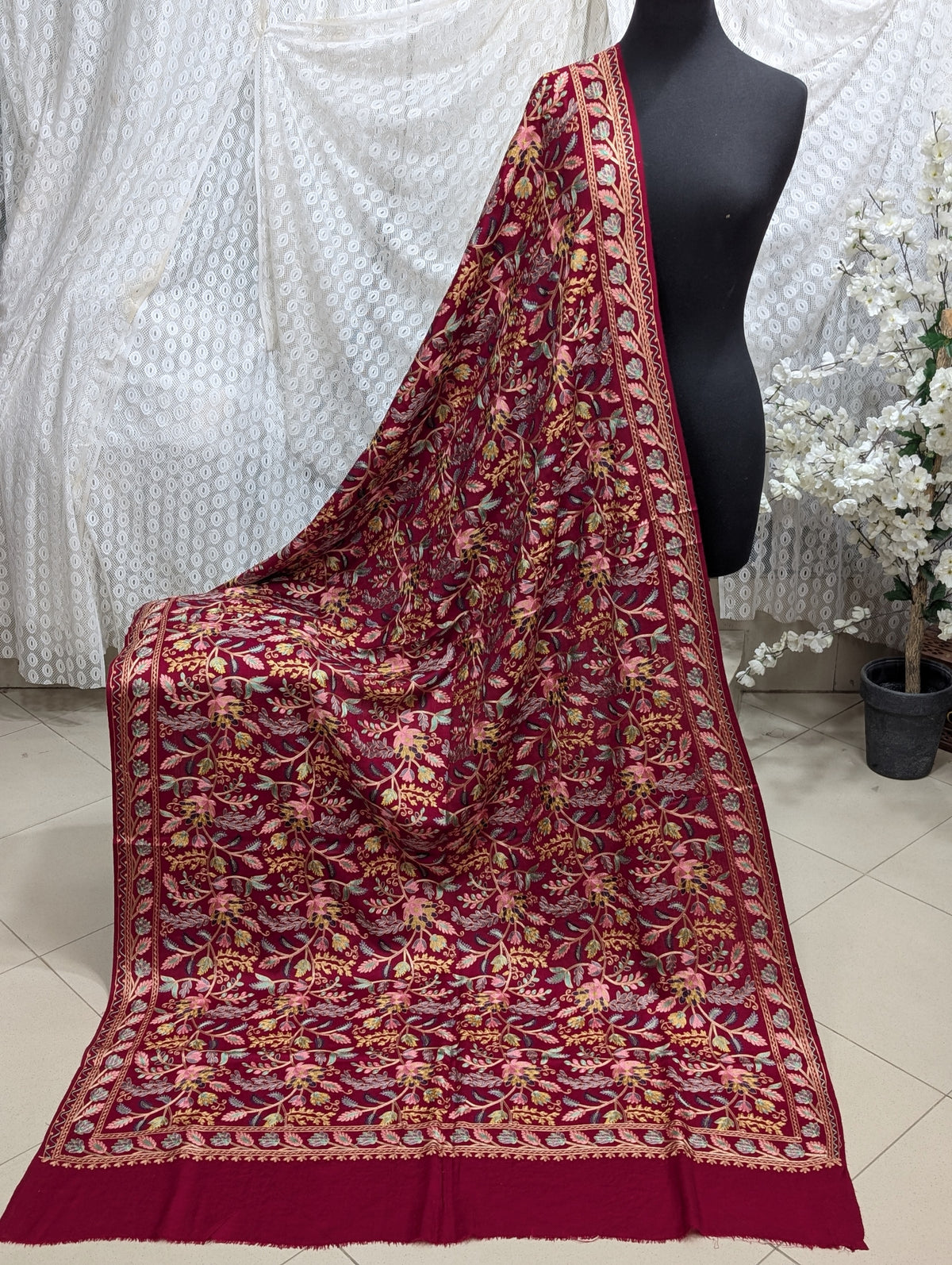 Kashmiri Jaal Shawl | Full Embroidered Shawl Resham Work Aar Embroidery | Maroon