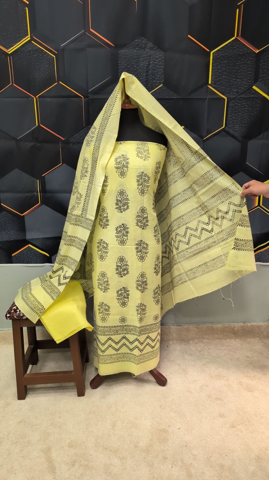 Hand Block Print Lawn 3 Piece Suit Ajrak Style Pure Lawn | Lemon