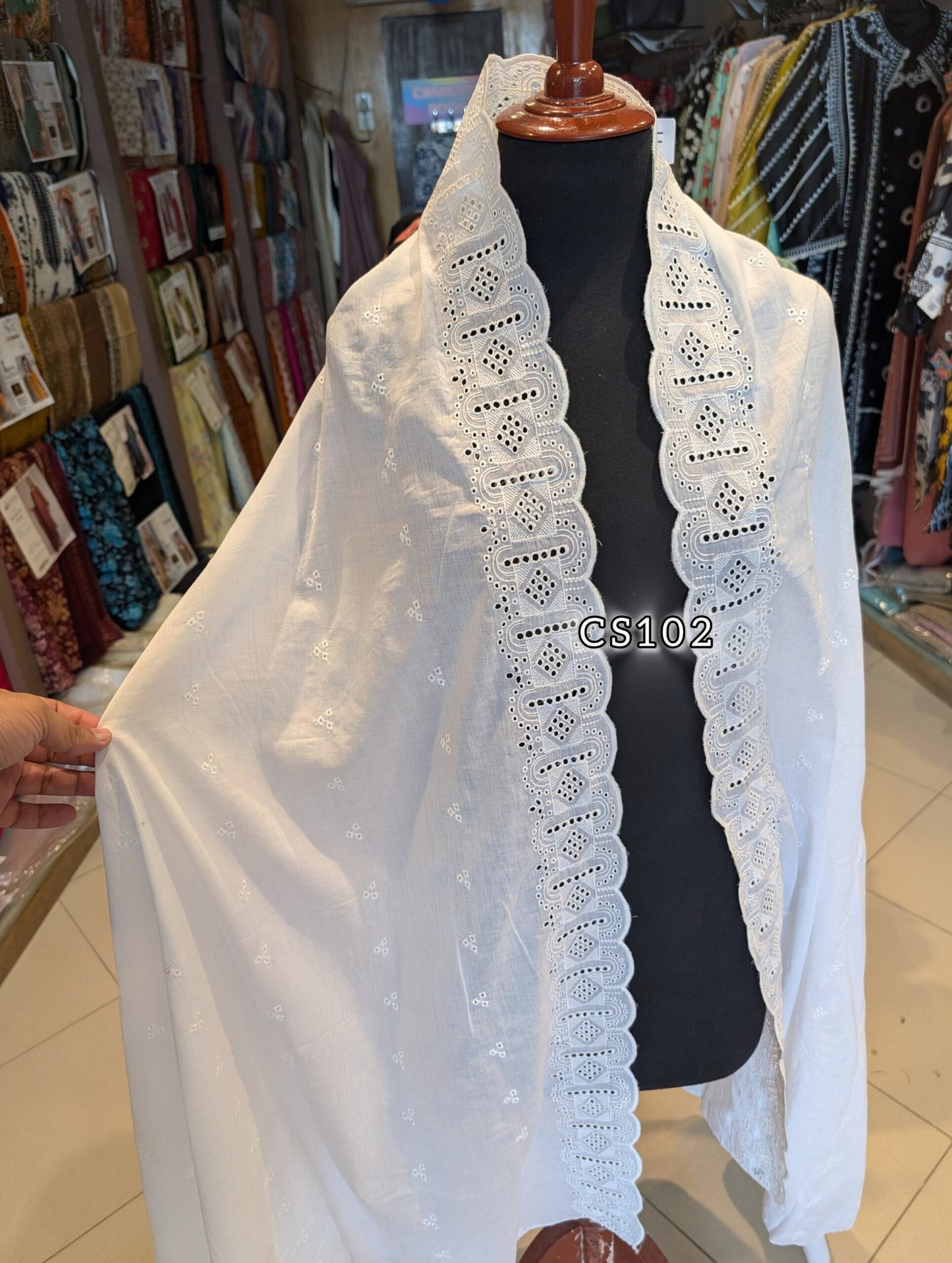 Chikankari Lawn Shawl on Pure Lawn Full Size Cutwork Border | CS102
