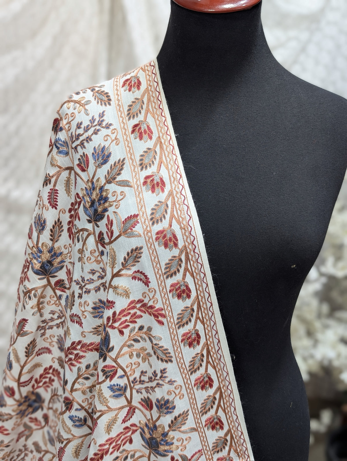 Kashmiri Jaal Shawl | Full Embroidered Shawl Resham Work Aar Embroidery | Off White