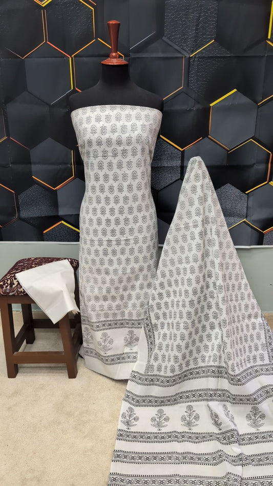 Hand Block Print Lawn 3 Piece Suit Ajrak Style Pure Lawn | White