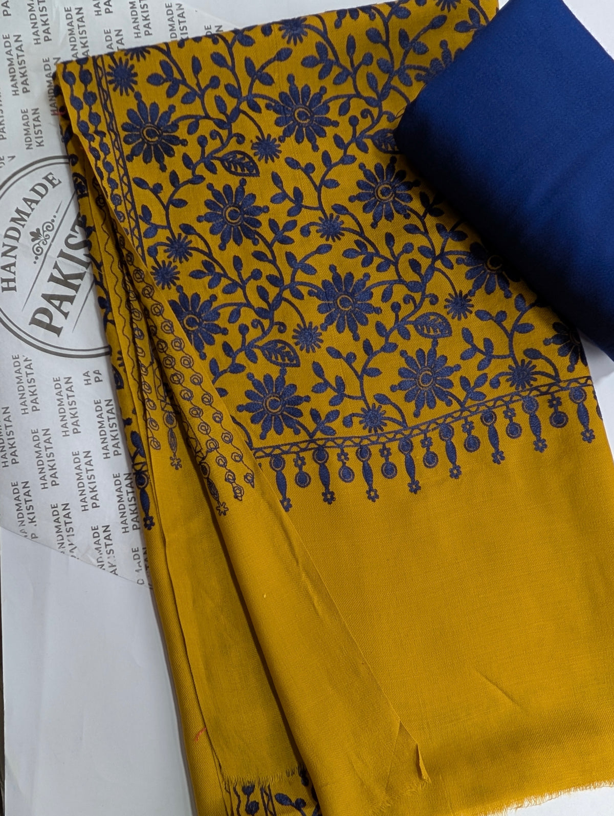 Pashmina 3 Piece Suit | Embroidered Shawl with Plain Suit Marina | Mustard With Blue