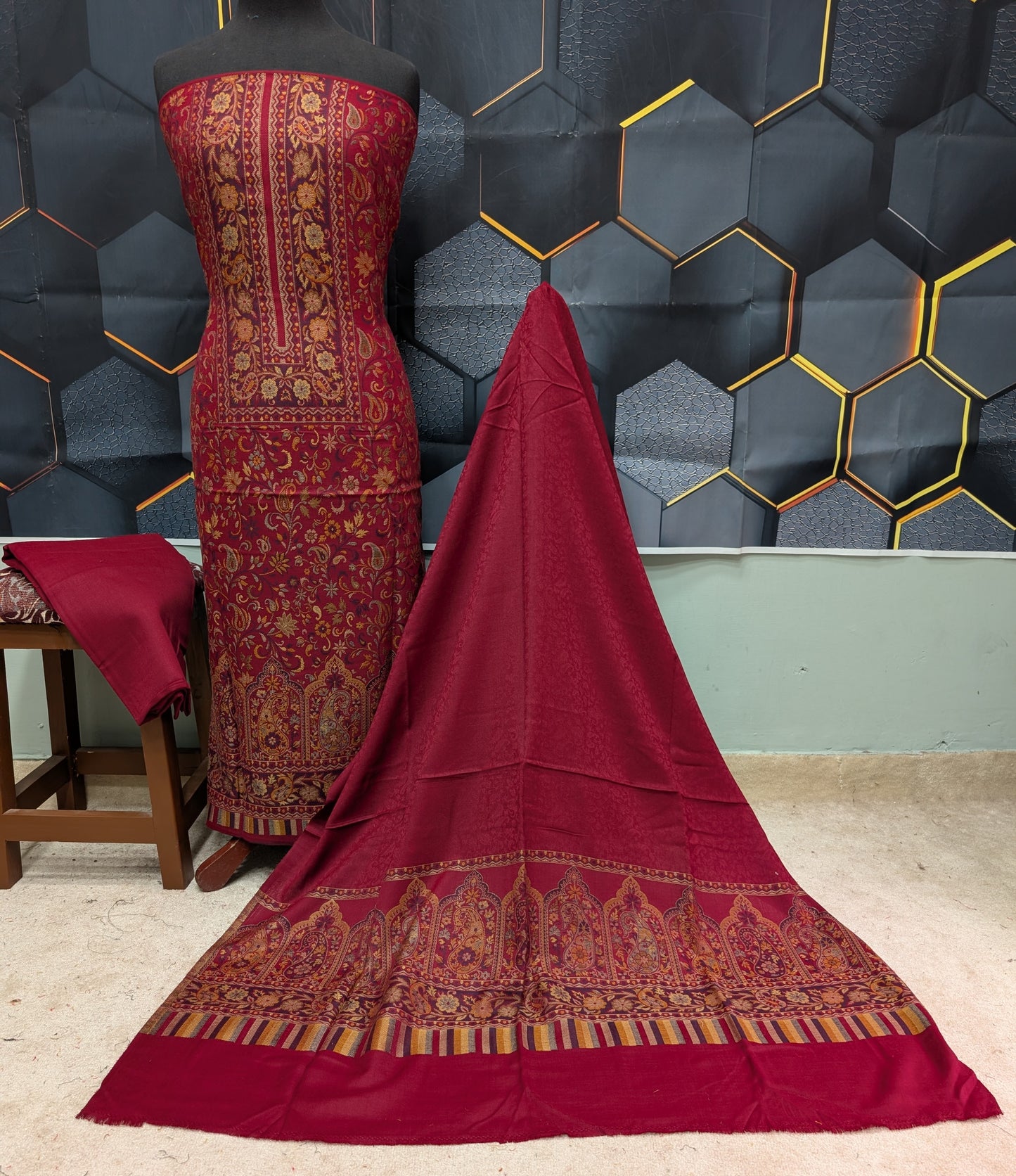 New Kani Pashmina Allover Design 3 Piece Unstitched Suit | Maroon