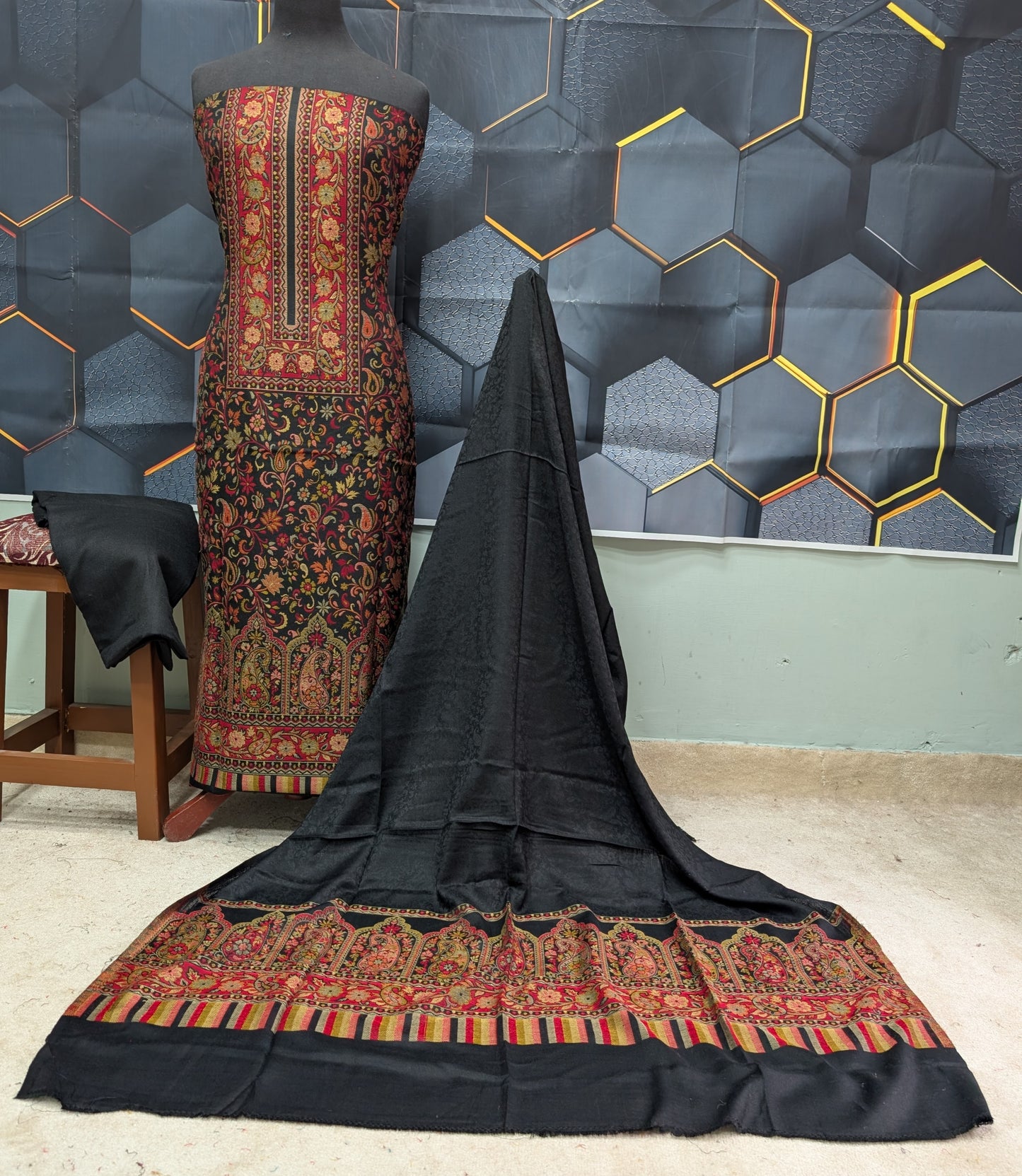 New Kani Pashmina Allover Design 3 Piece Unstitched Suit | Black