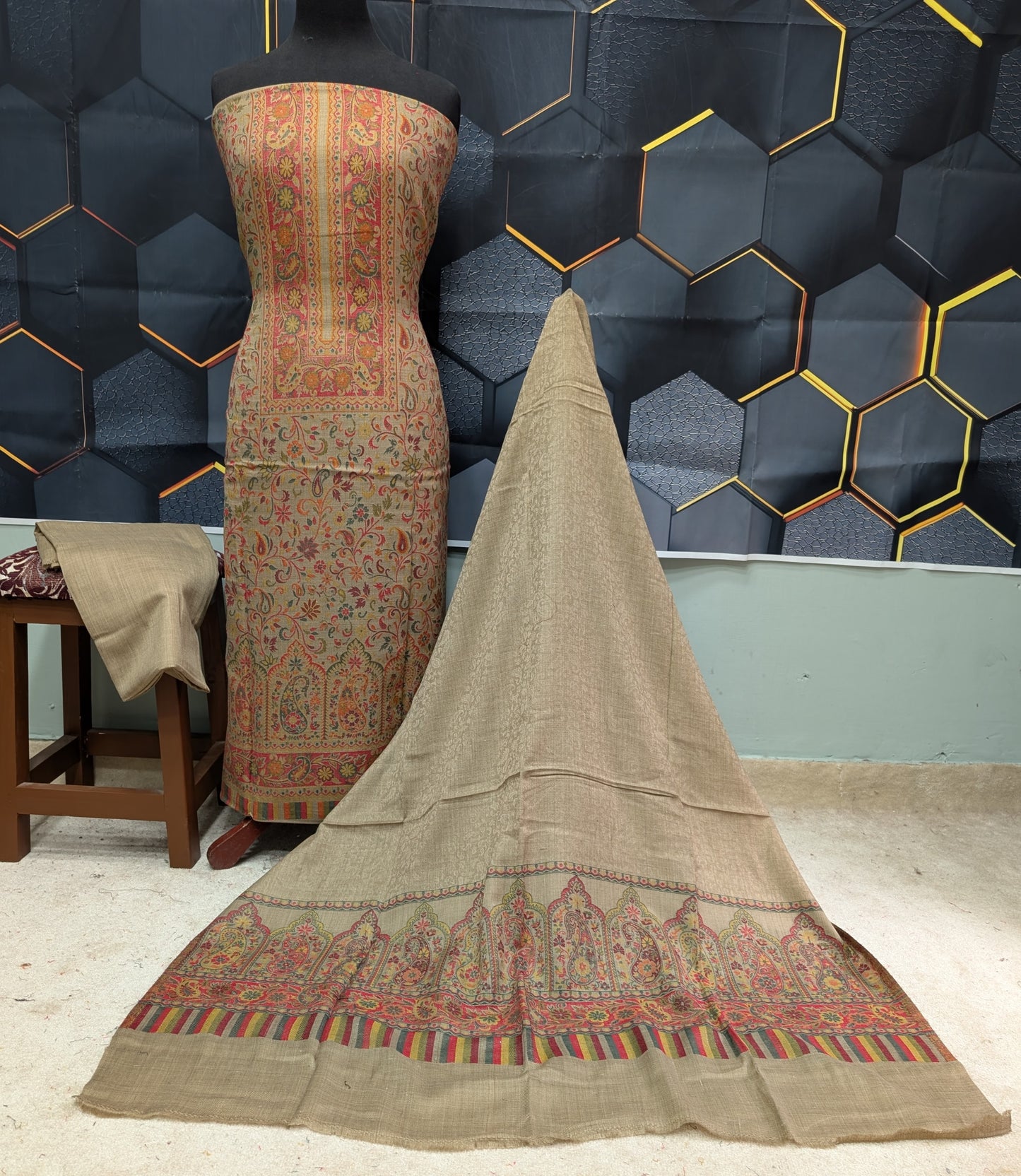 New Kani Pashmina Allover Design 3 Piece Unstitched Suit | Dark Skin