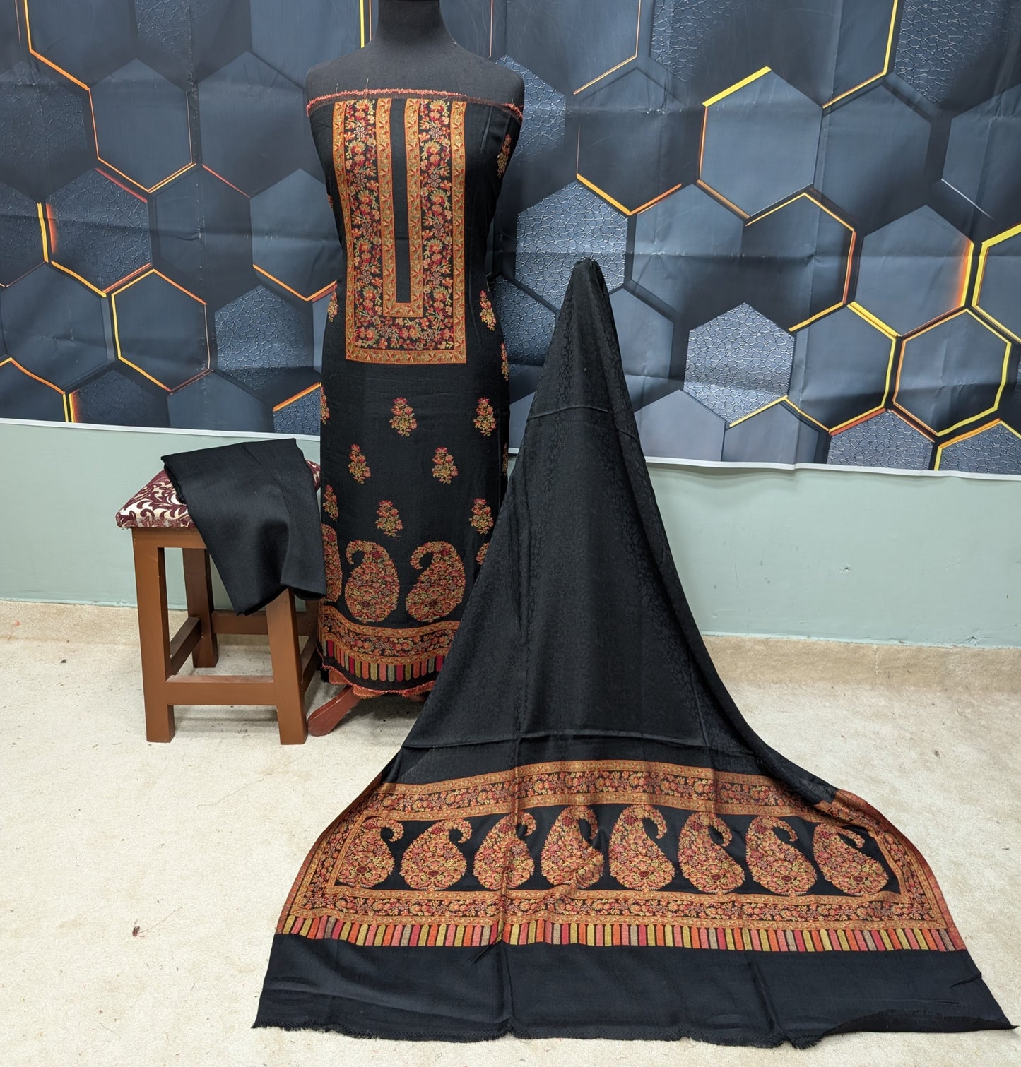 Special Kani Pashmina 3 Piece Unstitched Suit | Black Multi